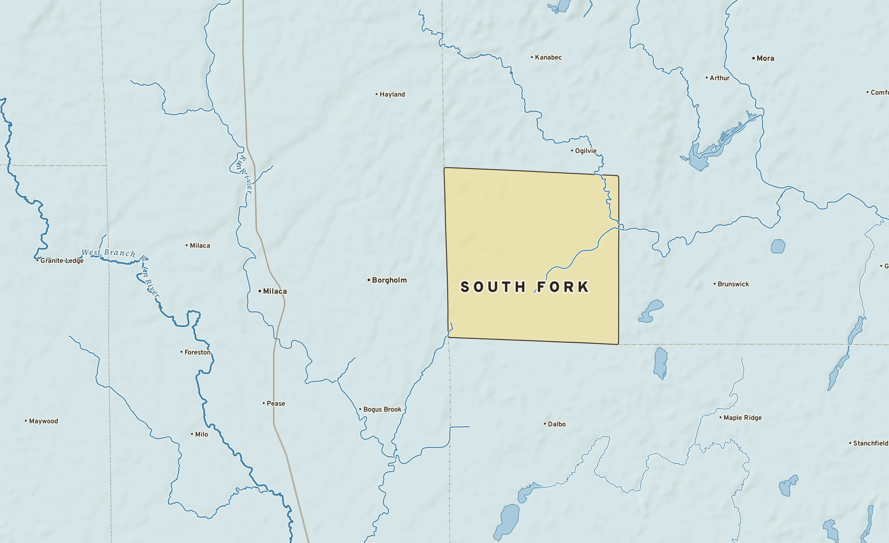 Shaded-relief atlas plate of South Fork, Minnesota: rivers, roads, the city limits and where the water drains.