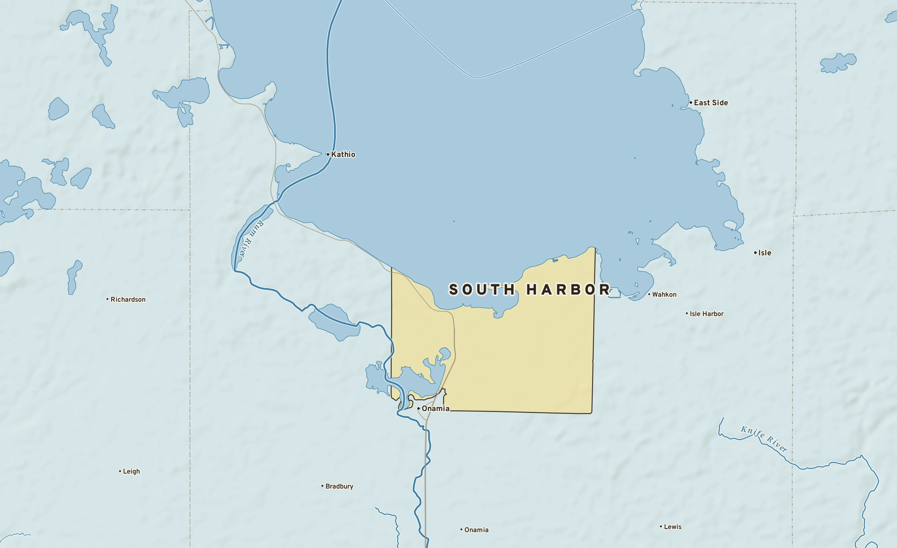 Shaded-relief atlas plate of South Harbor, Minnesota: rivers, roads, the city limits and where the water drains.