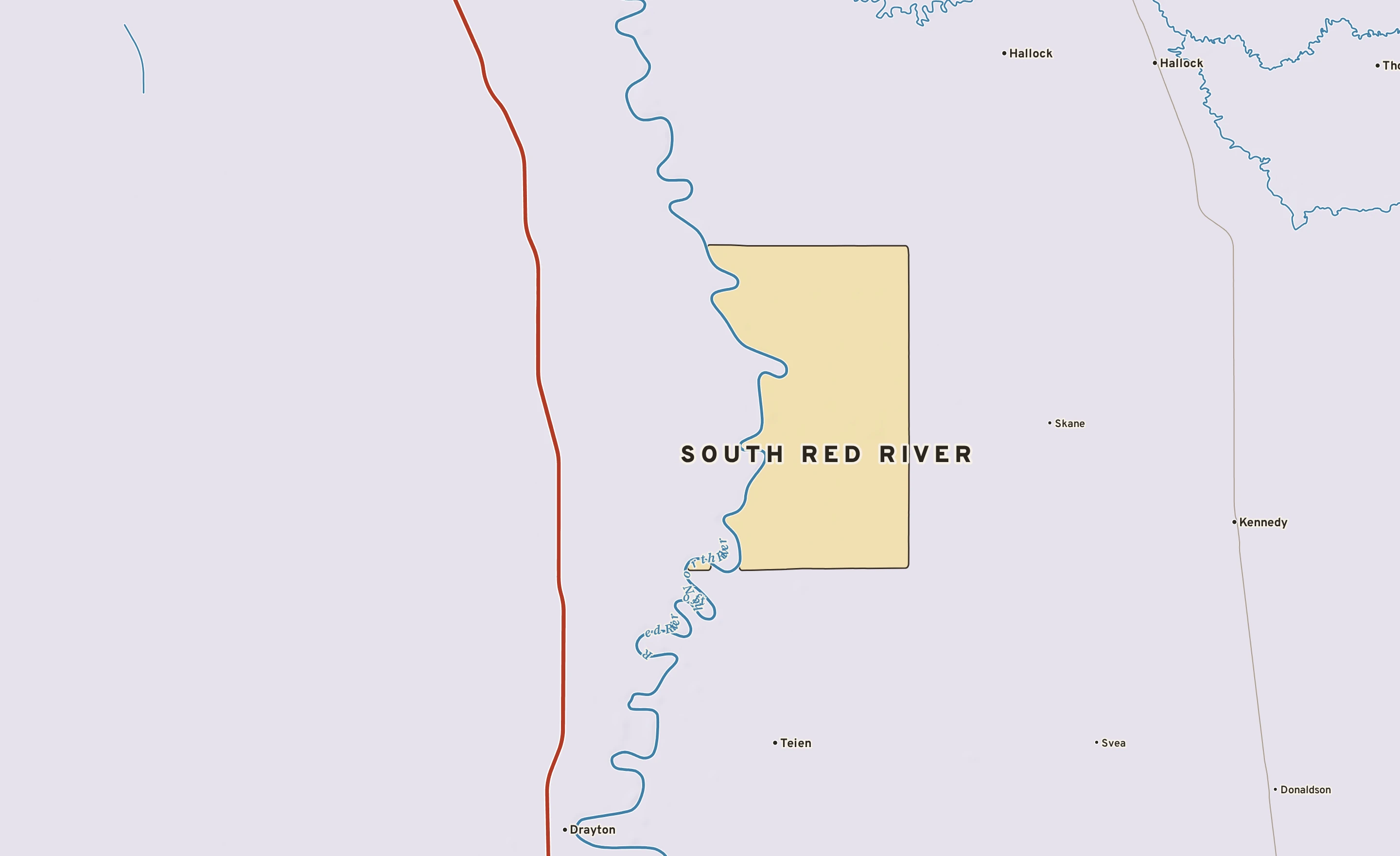 Shaded-relief atlas plate of South Red River, Minnesota: rivers, roads, the city limits and where the water drains.