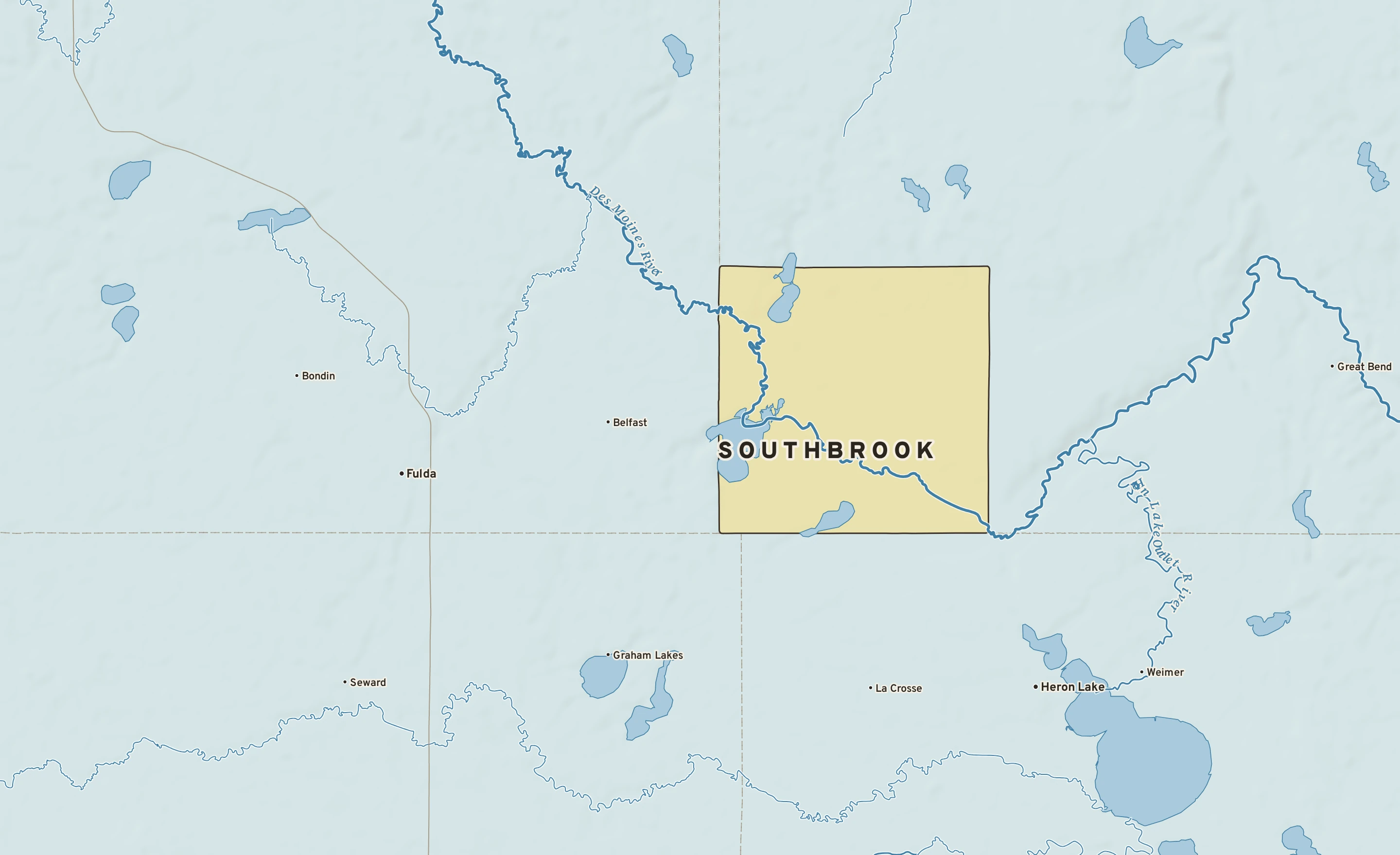 Shaded-relief atlas plate of Southbrook, Minnesota: rivers, roads, the city limits and where the water drains.