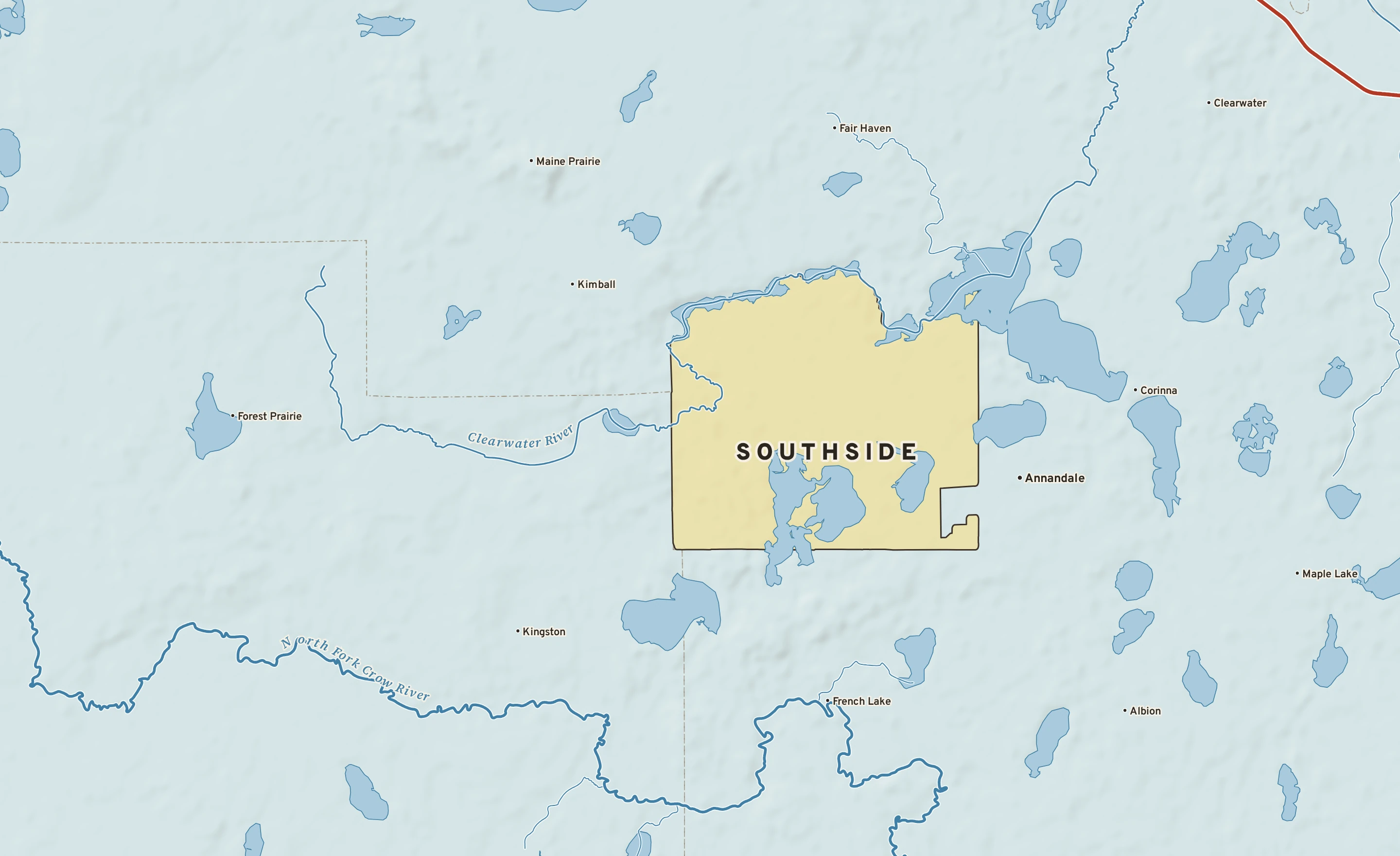 Shaded-relief atlas plate of Southside, Minnesota: rivers, roads, the city limits and where the water drains.