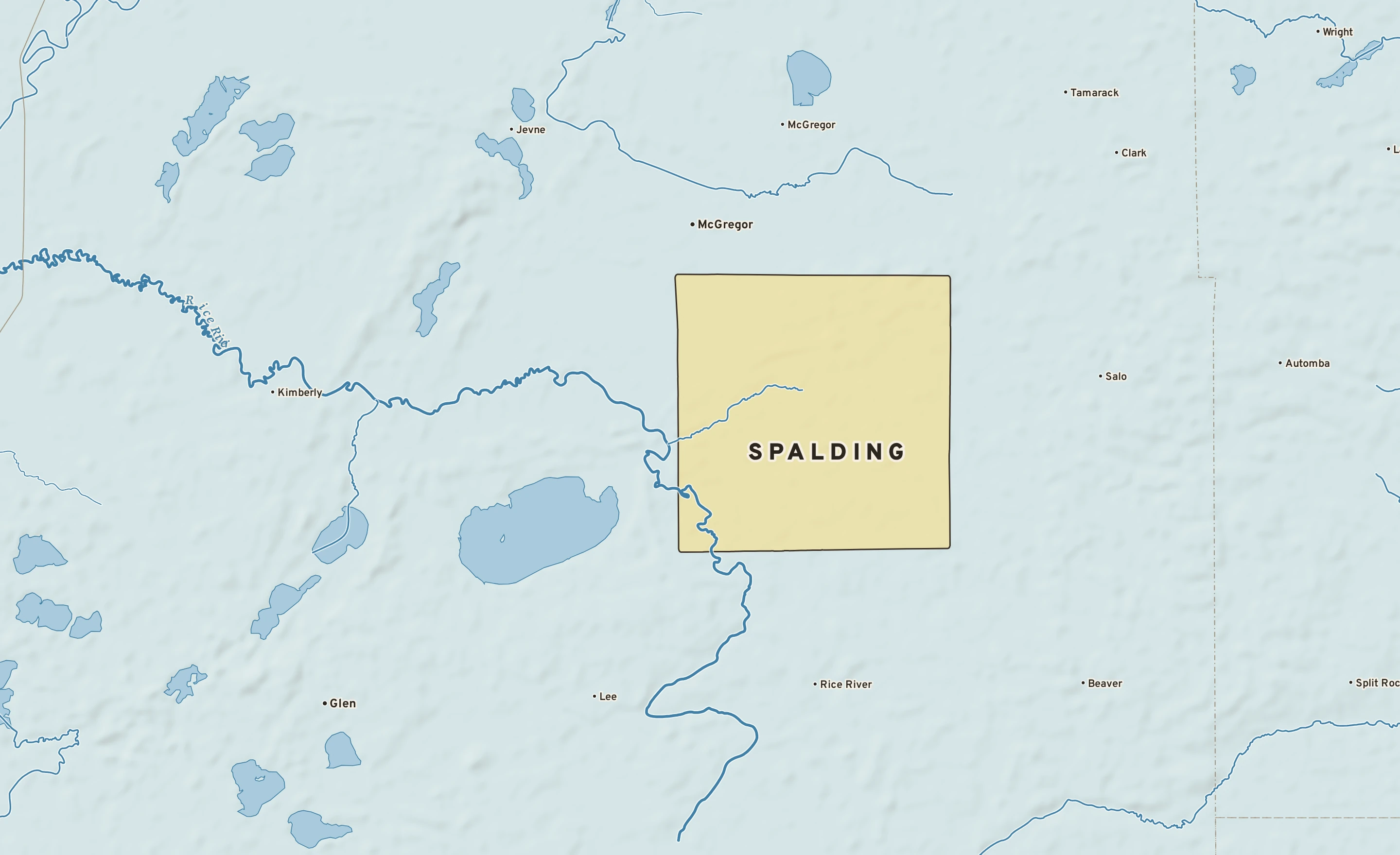 Shaded-relief atlas plate of Spalding, Minnesota: rivers, roads, the city limits and where the water drains.