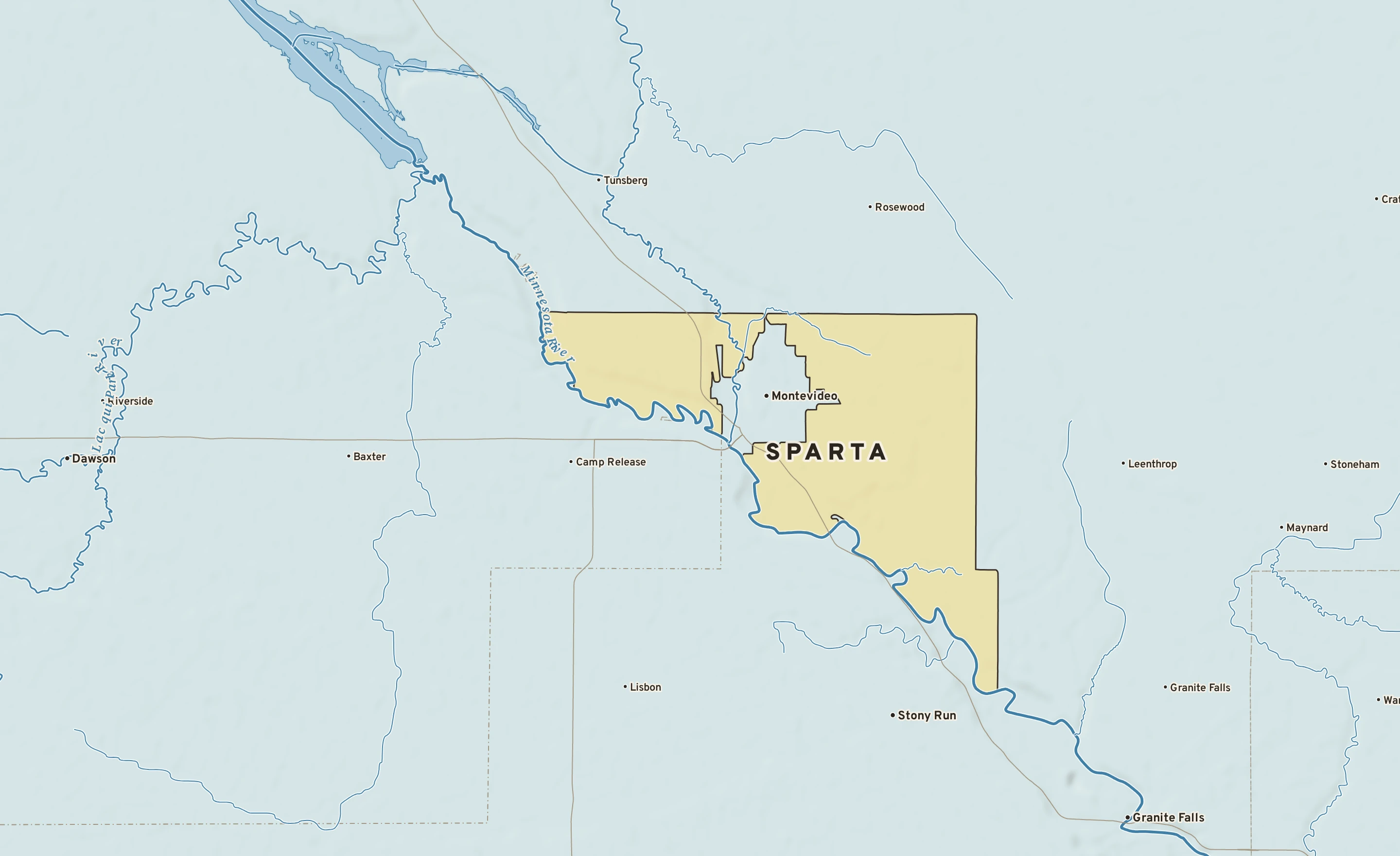 Shaded-relief atlas plate of Sparta, Minnesota: rivers, roads, the city limits and where the water drains.