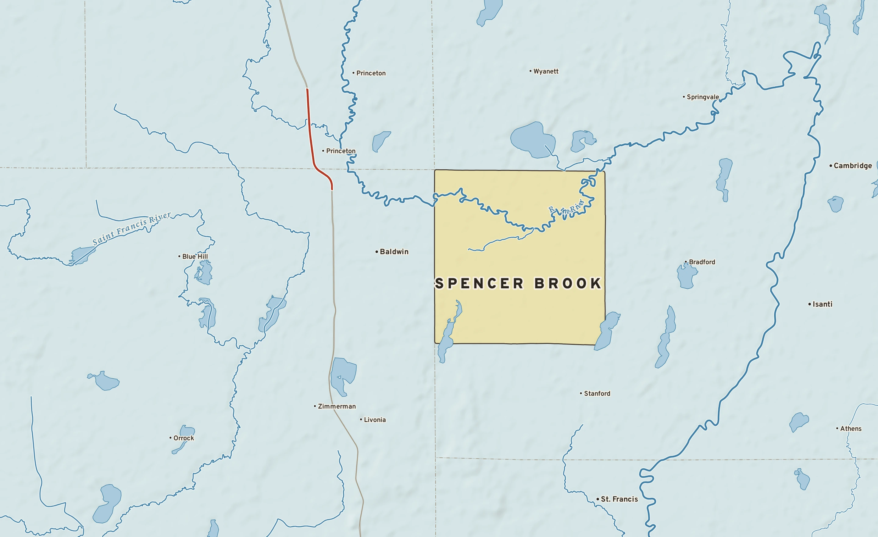Shaded-relief atlas plate of Spencer Brook, Minnesota: rivers, roads, the city limits and where the water drains.