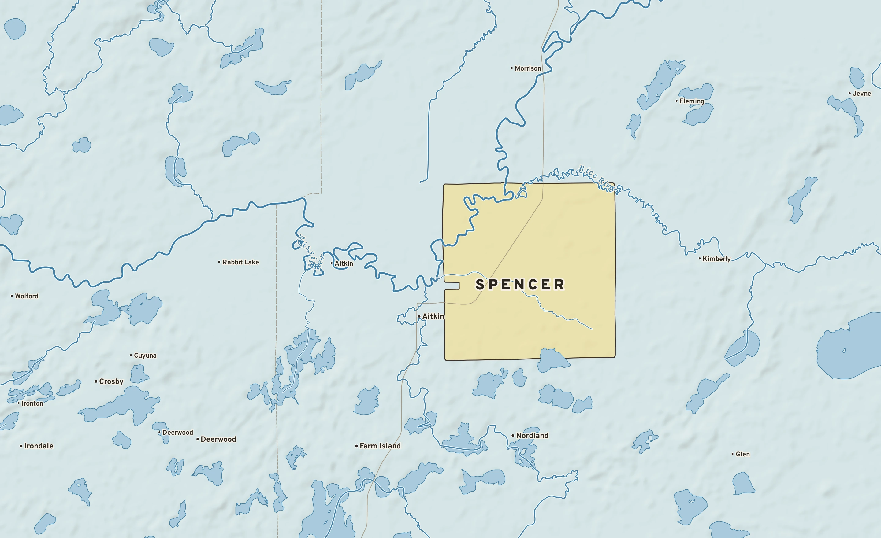 Shaded-relief atlas plate of Spencer, Minnesota: rivers, roads, the city limits and where the water drains.