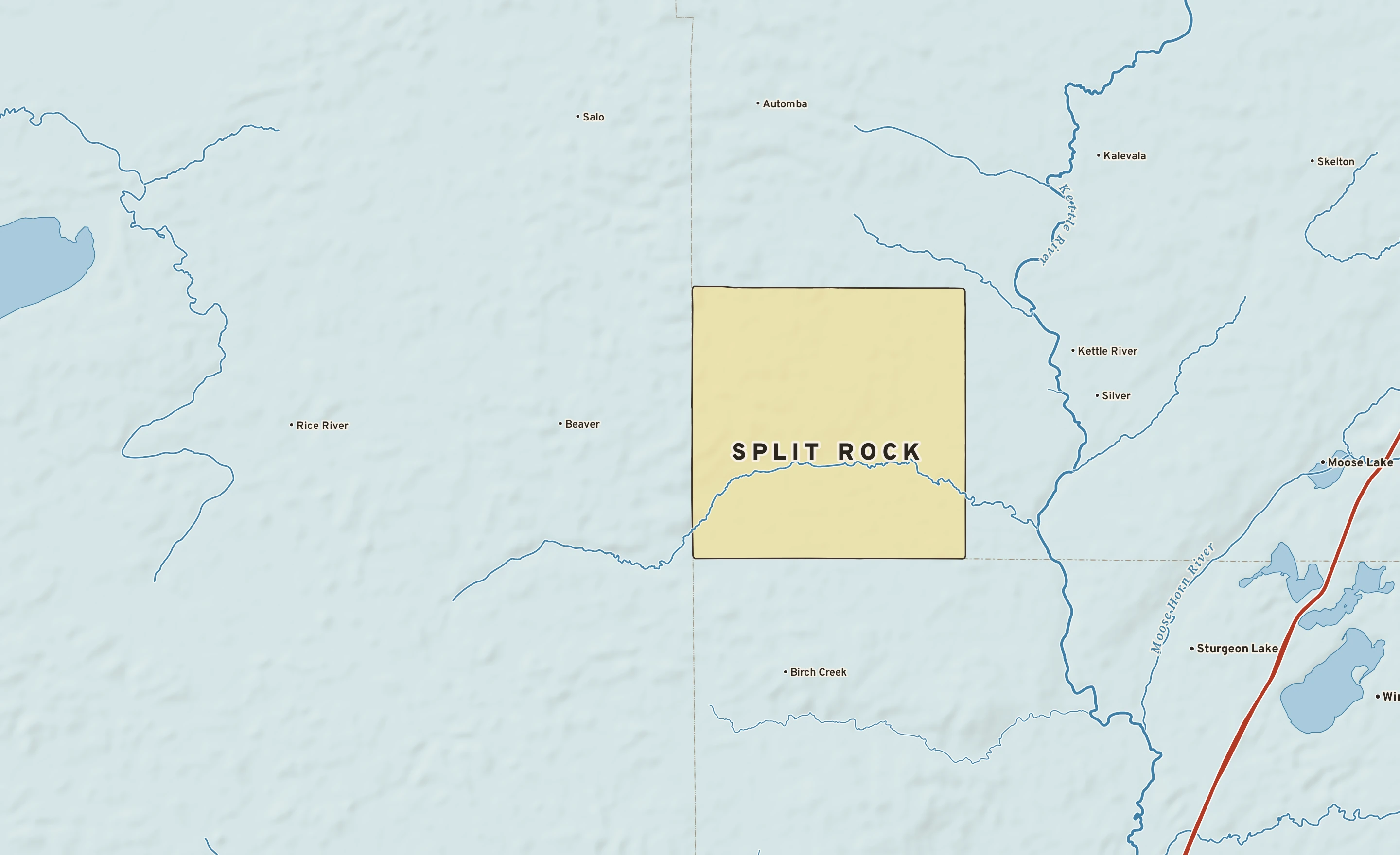 Shaded-relief atlas plate of Split Rock, Minnesota: rivers, roads, the city limits and where the water drains.