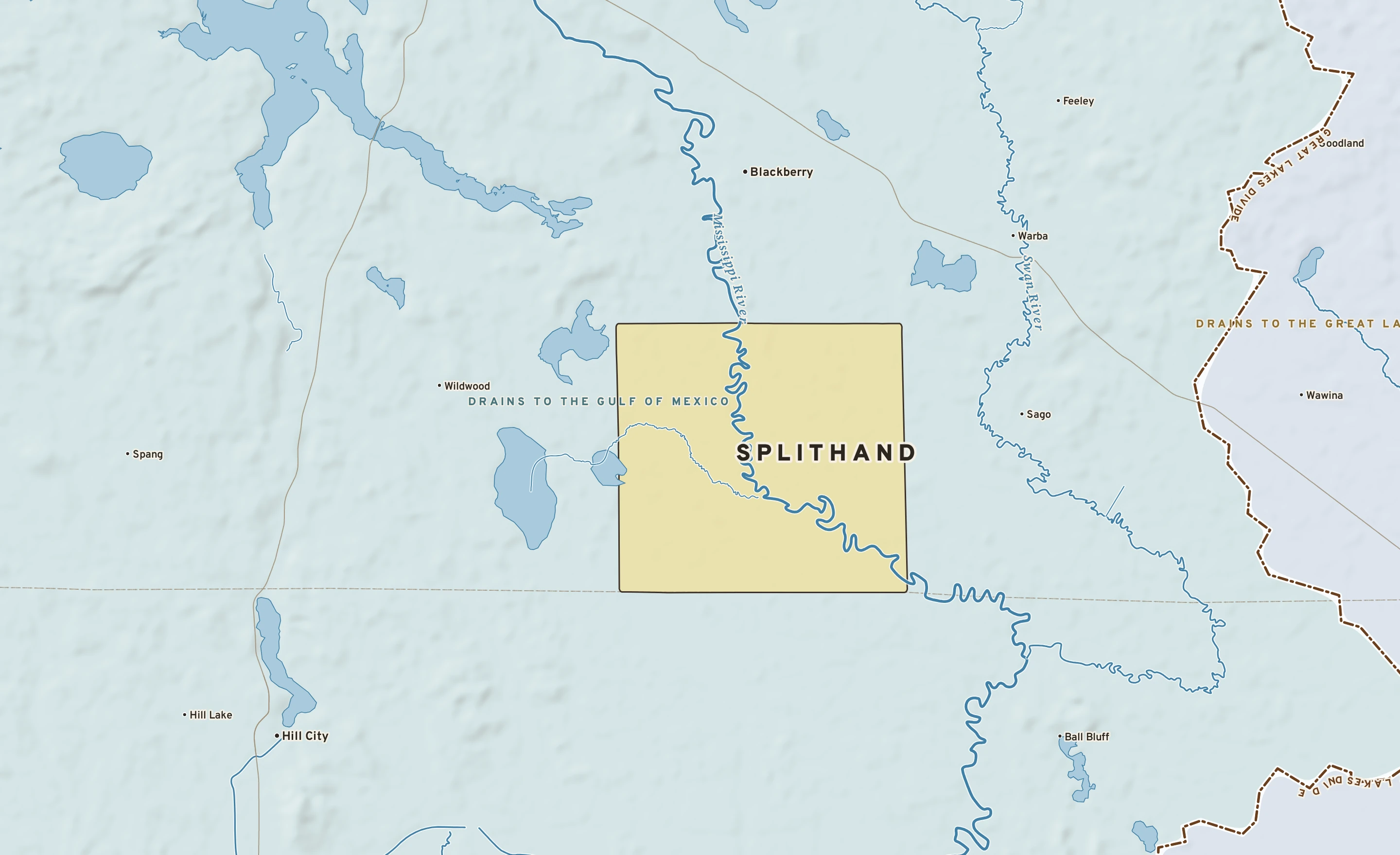 Shaded-relief atlas plate of Splithand, Minnesota: rivers, roads, the city limits and where the water drains.