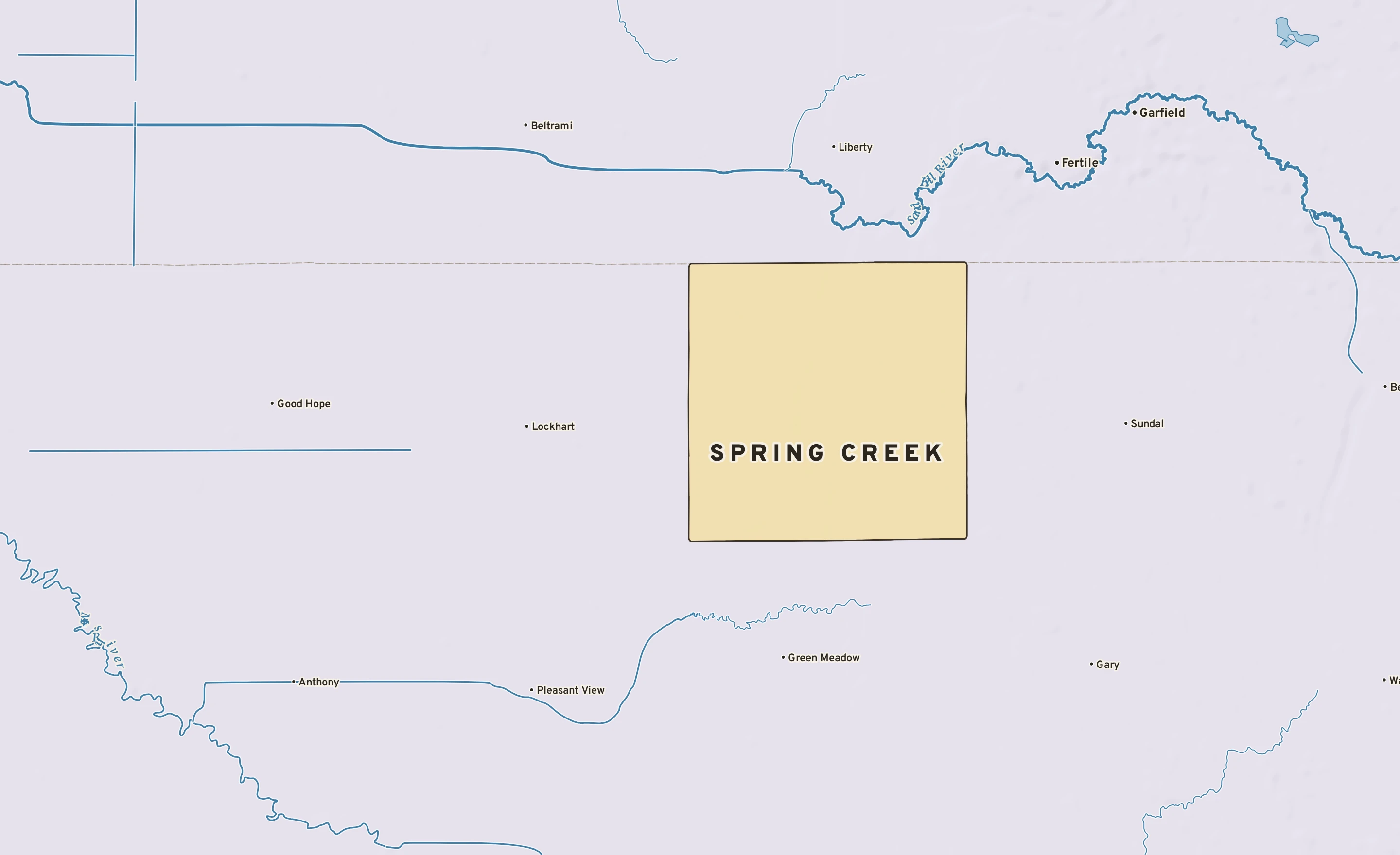 Shaded-relief atlas plate of Spring Creek, Minnesota: rivers, roads, the city limits and where the water drains.