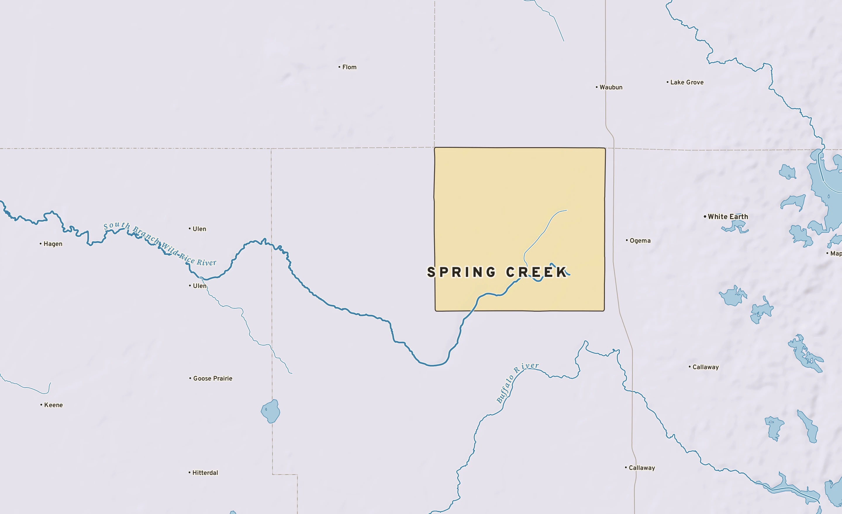 Shaded-relief atlas plate of Spring Creek, Minnesota: rivers, roads, the city limits and where the water drains.
