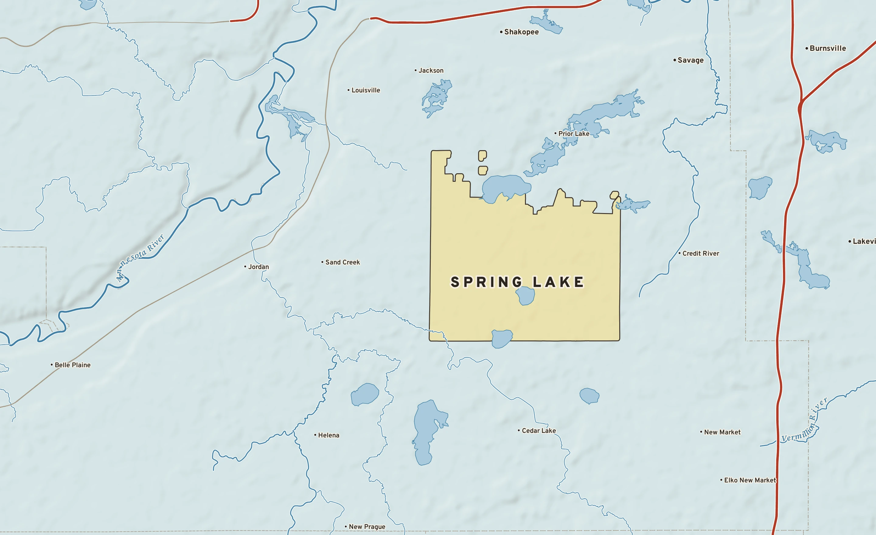 Shaded-relief atlas plate of Spring Lake, Minnesota: rivers, roads, the city limits and where the water drains.