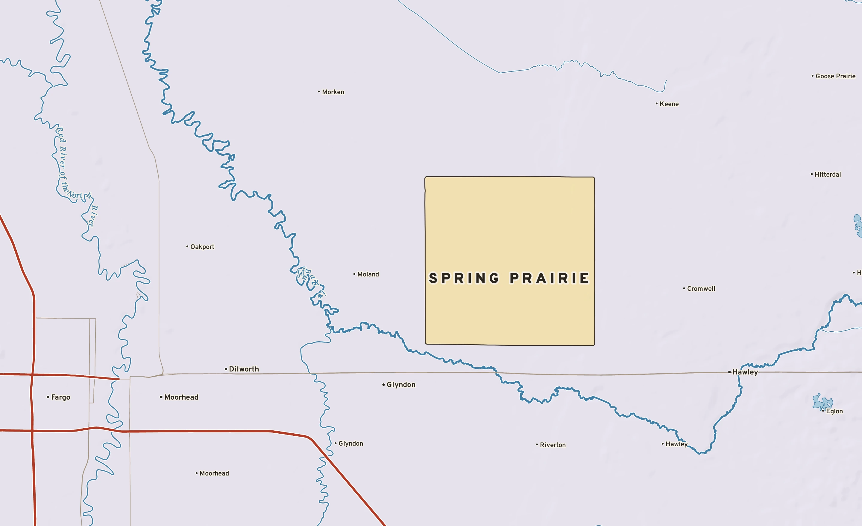 Shaded-relief atlas plate of Spring Prairie, Minnesota: rivers, roads, the city limits and where the water drains.