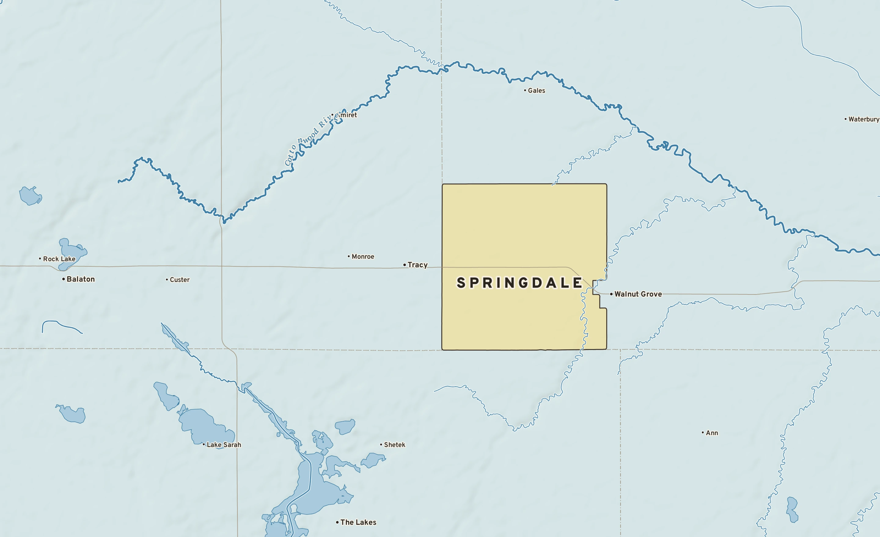 Shaded-relief atlas plate of Springdale, Minnesota: rivers, roads, the city limits and where the water drains.