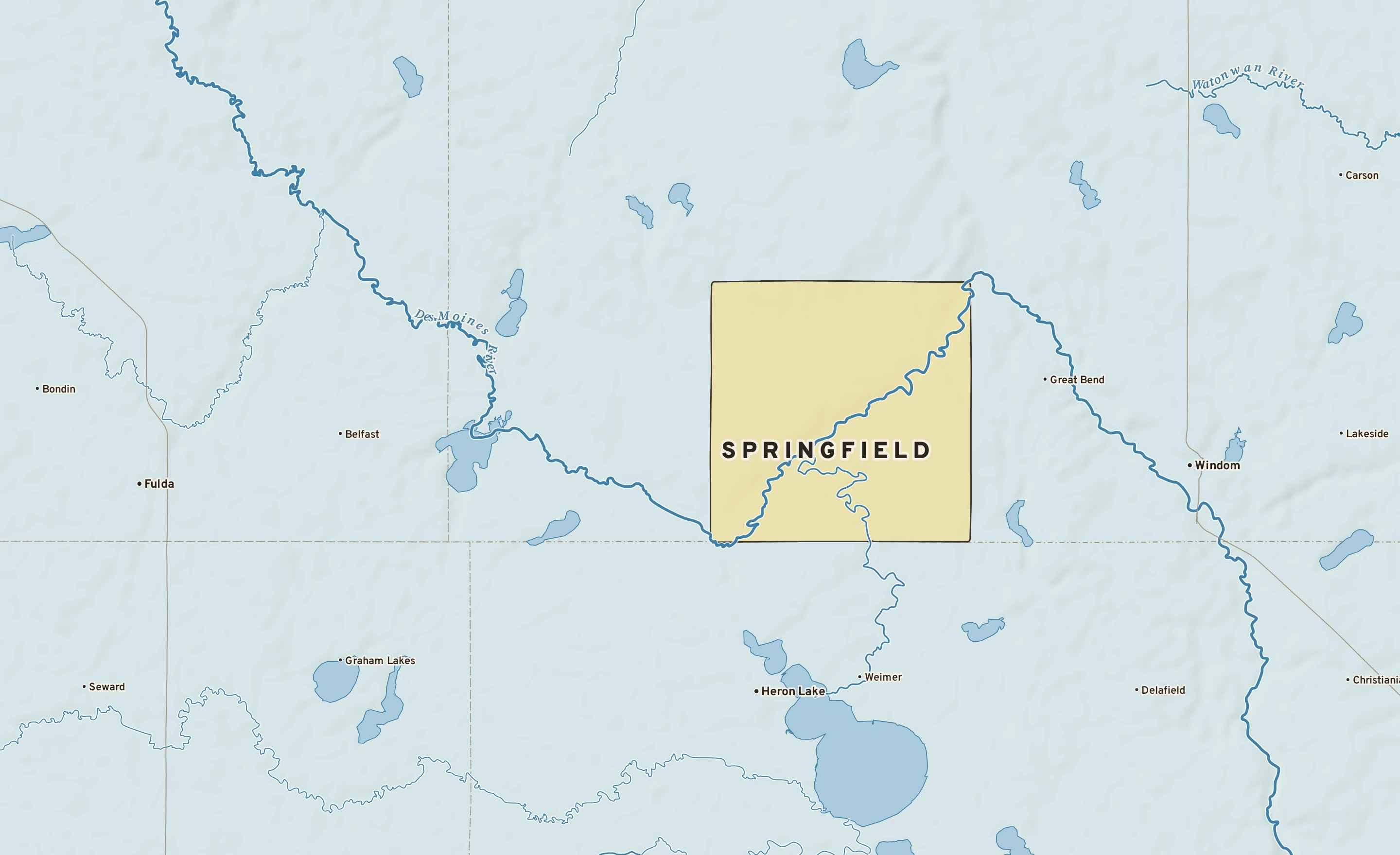 Shaded-relief atlas plate of Springfield, Minnesota: rivers, roads, the city limits and where the water drains.