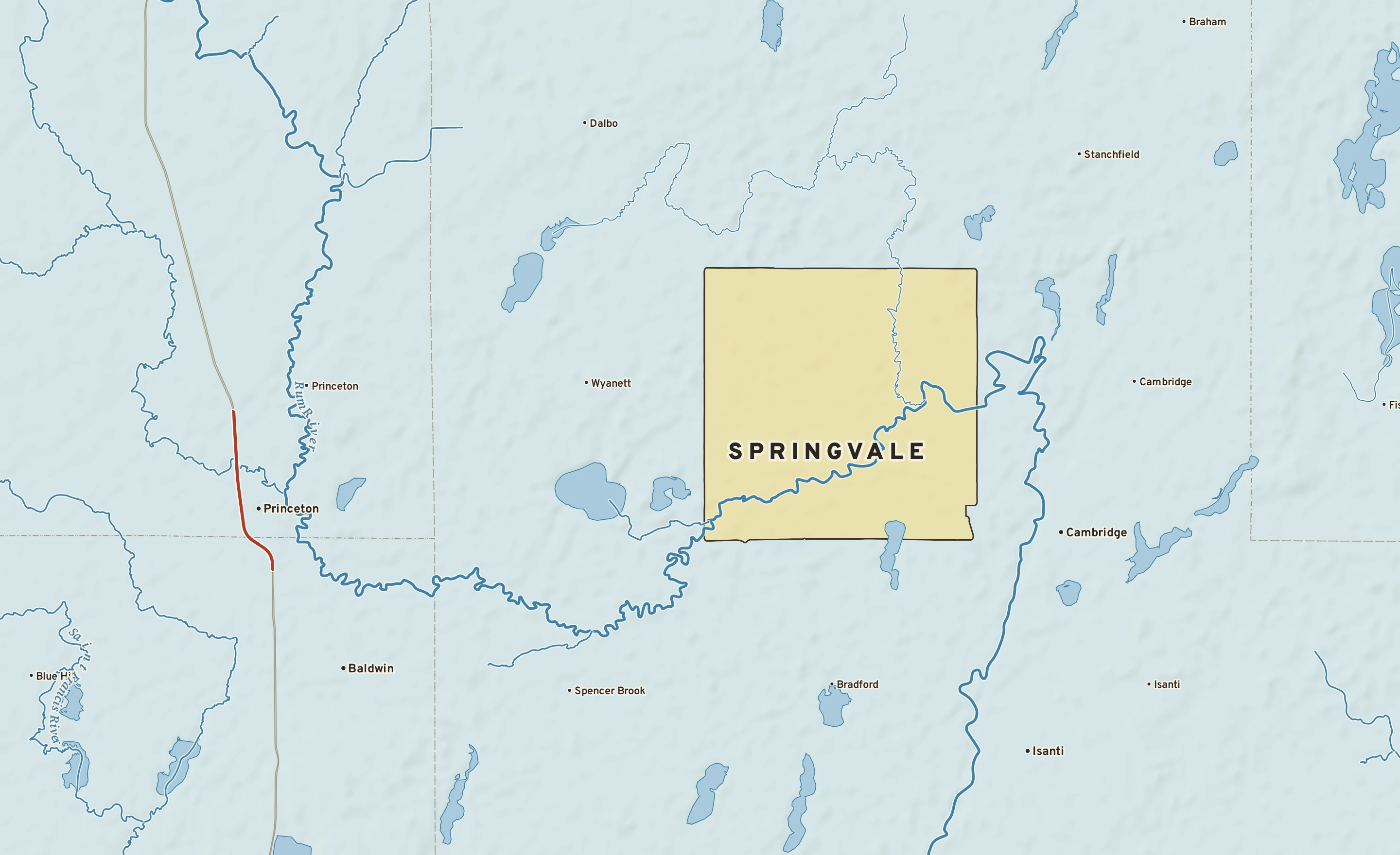 Shaded-relief atlas plate of Springvale, Minnesota: rivers, roads, the city limits and where the water drains.