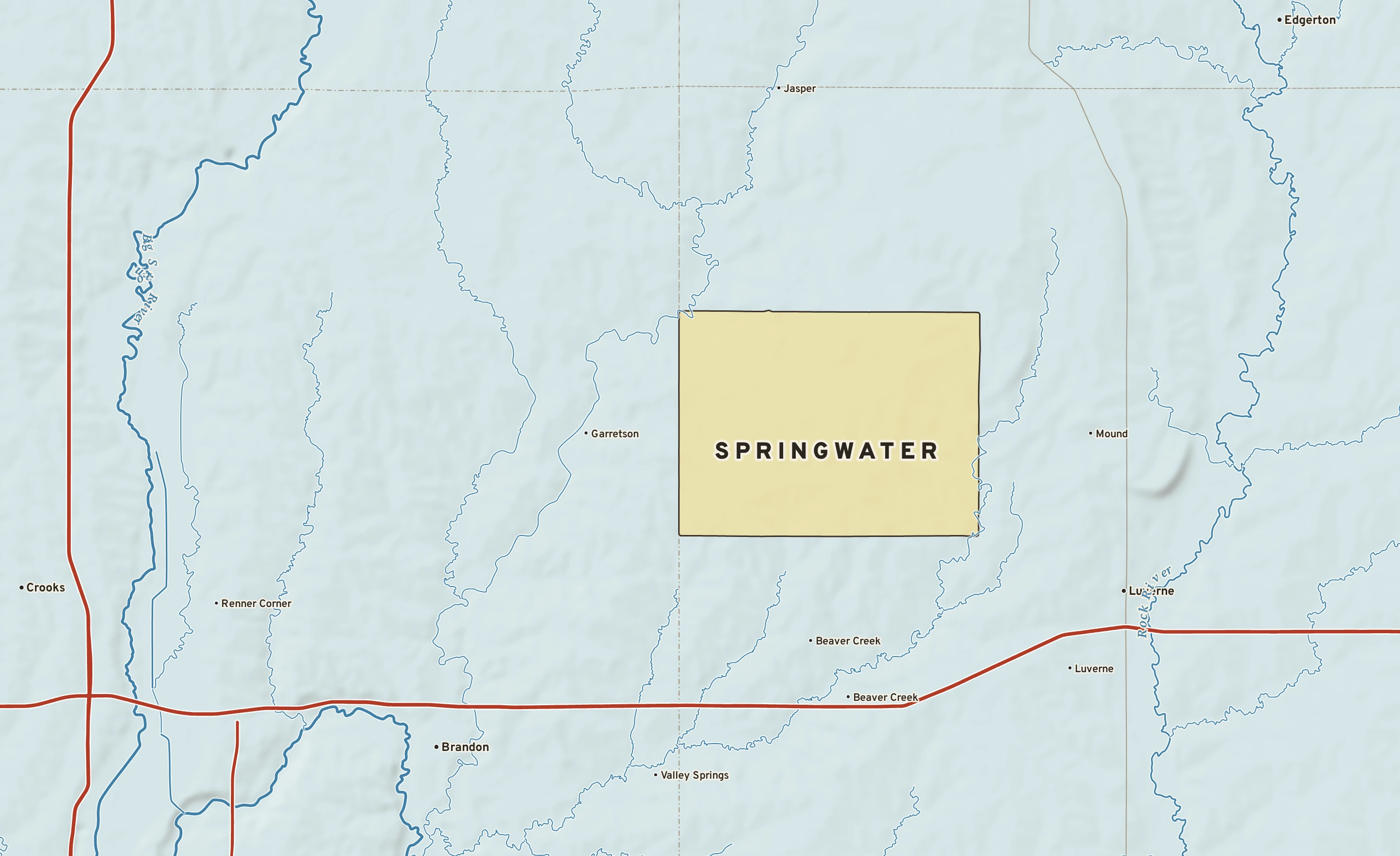 Shaded-relief atlas plate of Springwater, Minnesota: rivers, roads, the city limits and where the water drains.