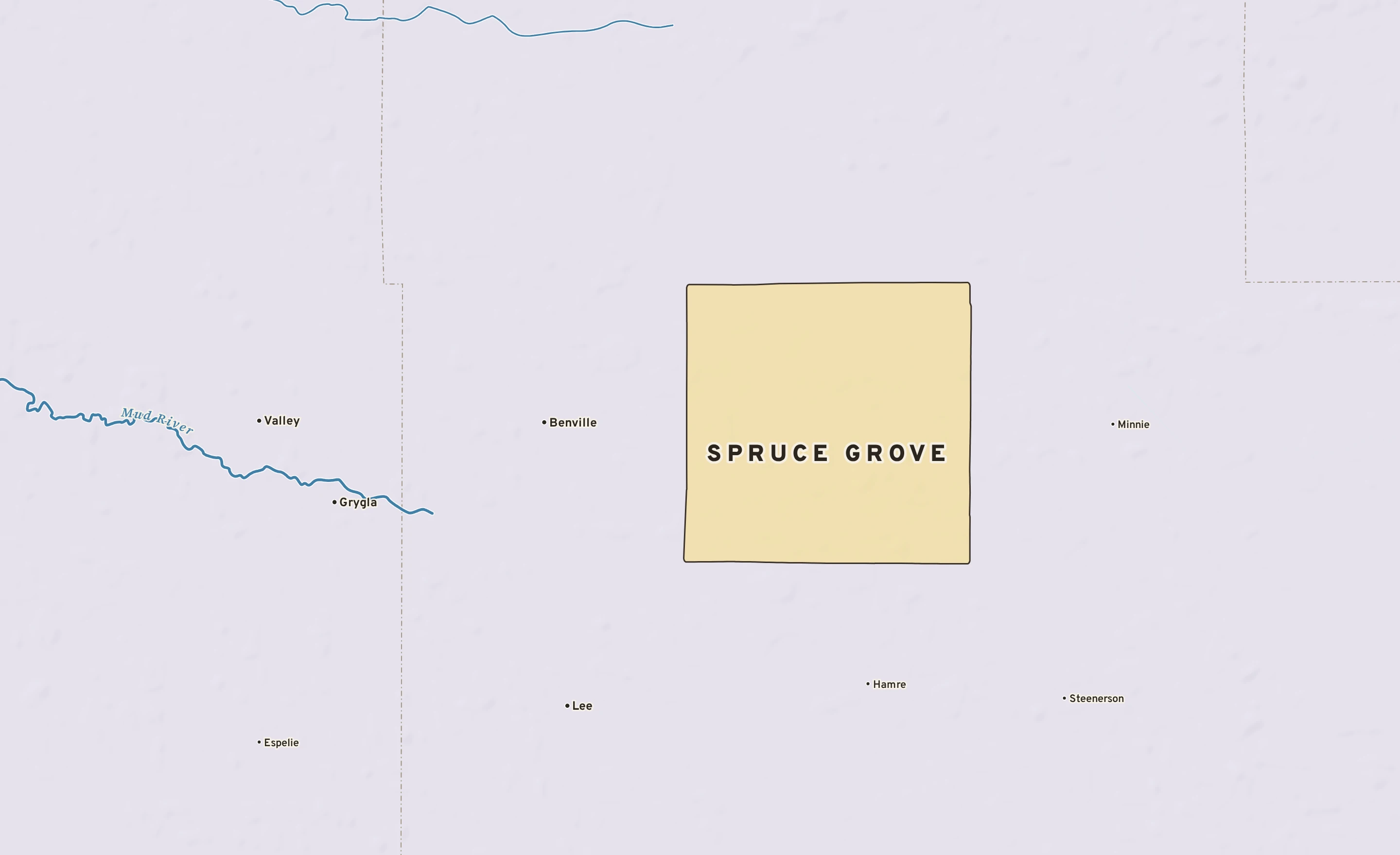 Shaded-relief atlas plate of Spruce Grove, Minnesota: rivers, roads, the city limits and where the water drains.