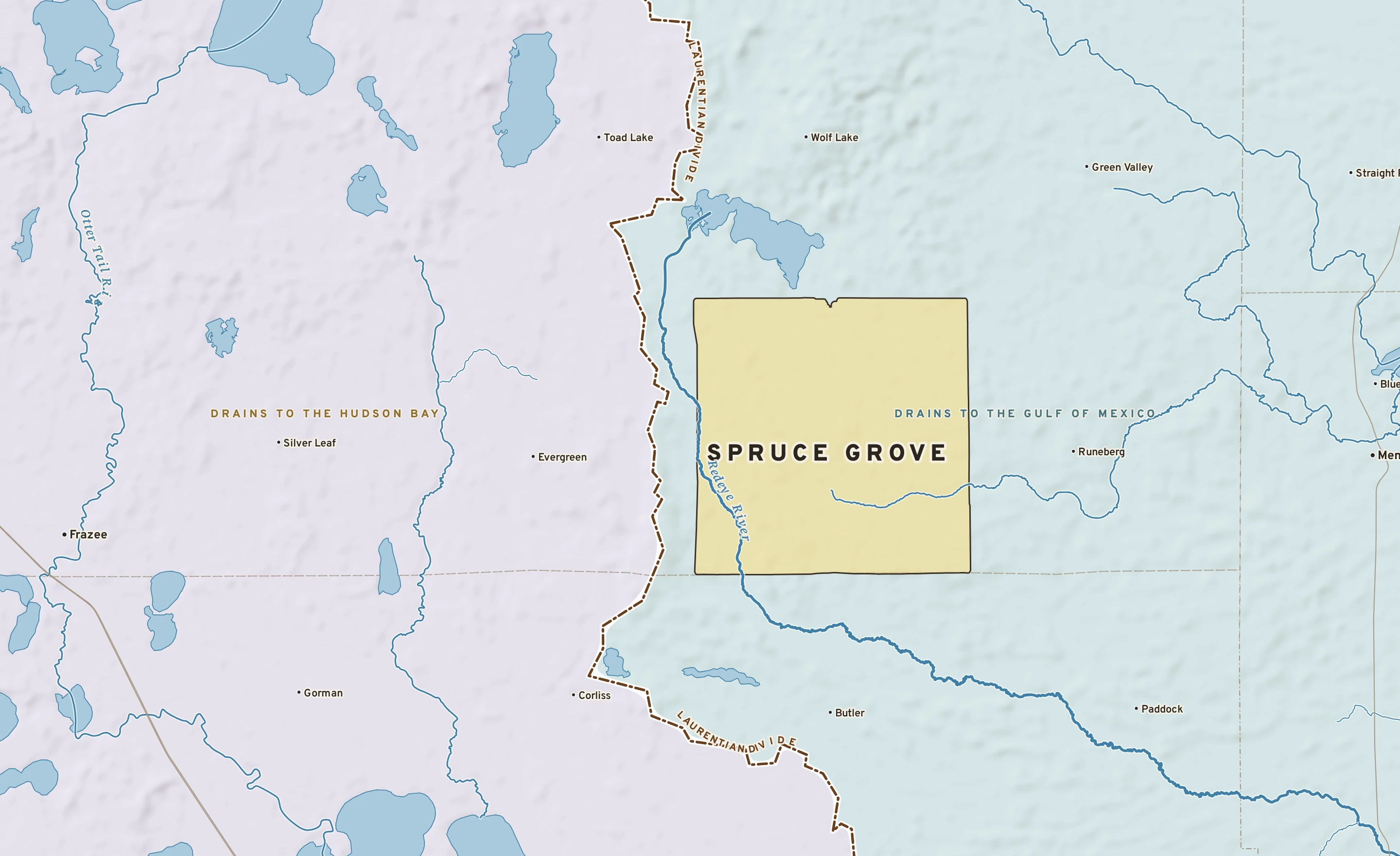 Shaded-relief atlas plate of Spruce Grove, Minnesota: rivers, roads, the city limits and where the water drains.