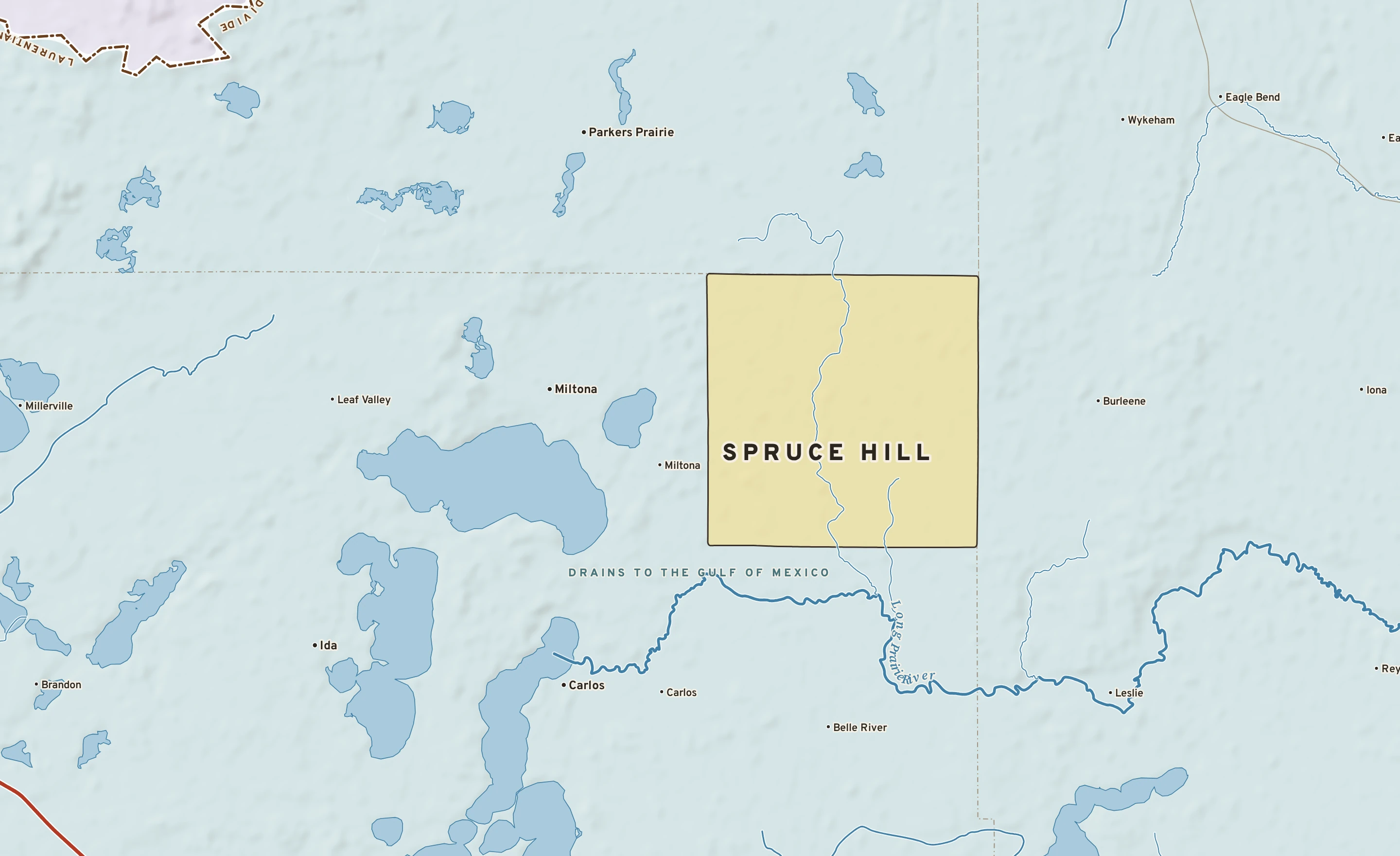 Shaded-relief atlas plate of Spruce Hill, Minnesota: rivers, roads, the city limits and where the water drains.