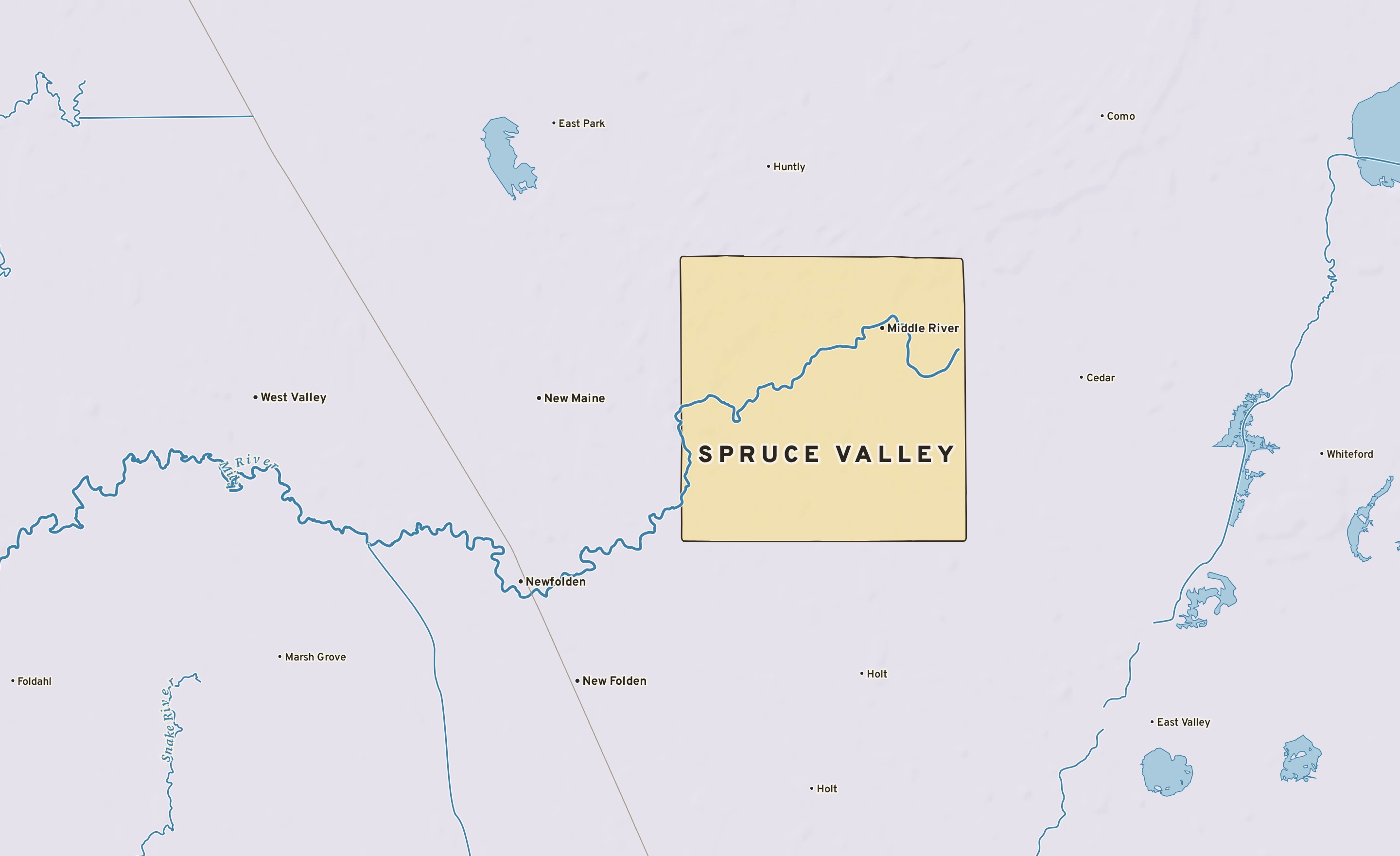 Shaded-relief atlas plate of Spruce Valley, Minnesota: rivers, roads, the city limits and where the water drains.