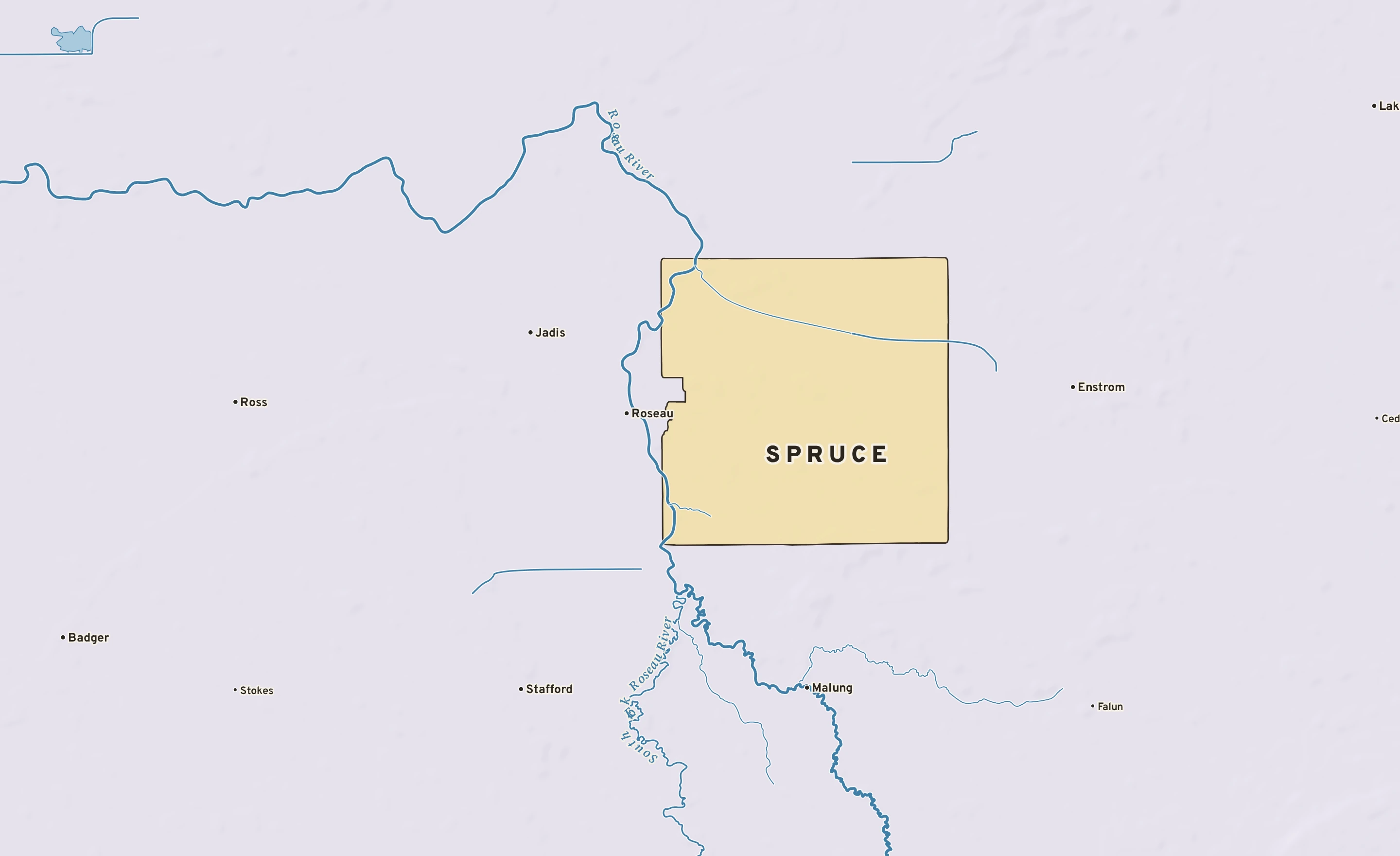 Shaded-relief atlas plate of Spruce, Minnesota: rivers, roads, the city limits and where the water drains.