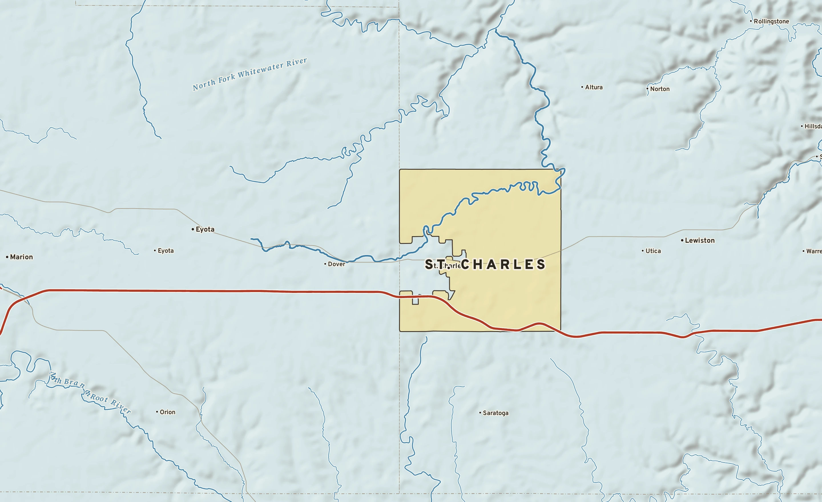 Shaded-relief atlas plate of St. Charles, Minnesota: rivers, roads, the city limits and where the water drains.
