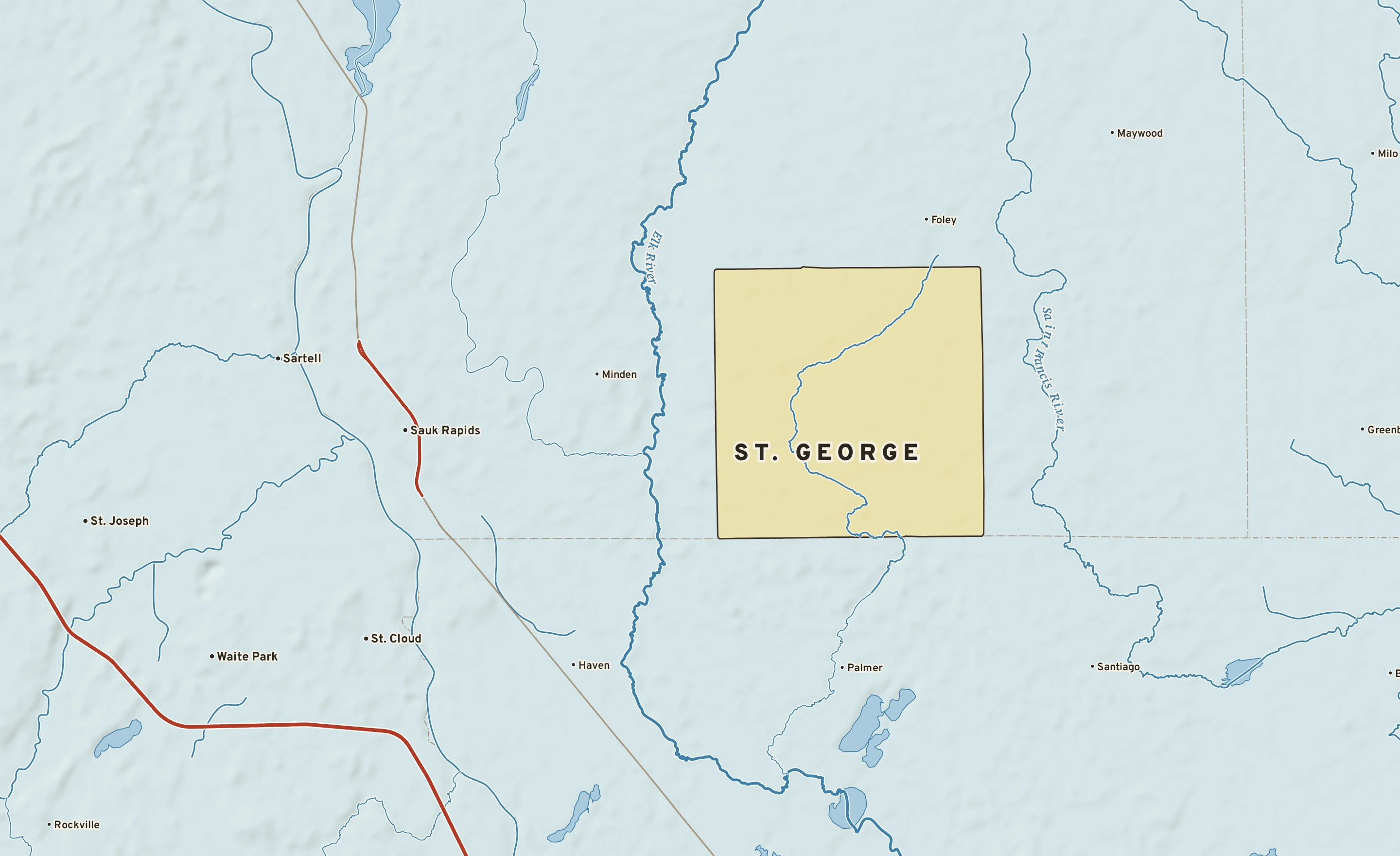Shaded-relief atlas plate of St. George, Minnesota: rivers, roads, the city limits and where the water drains.