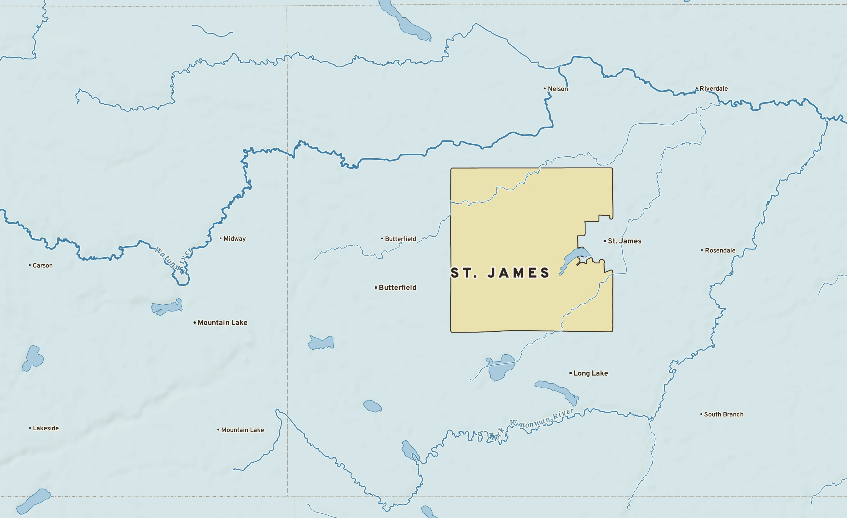 Shaded-relief atlas plate of St. James, Minnesota: rivers, roads, the city limits and where the water drains.