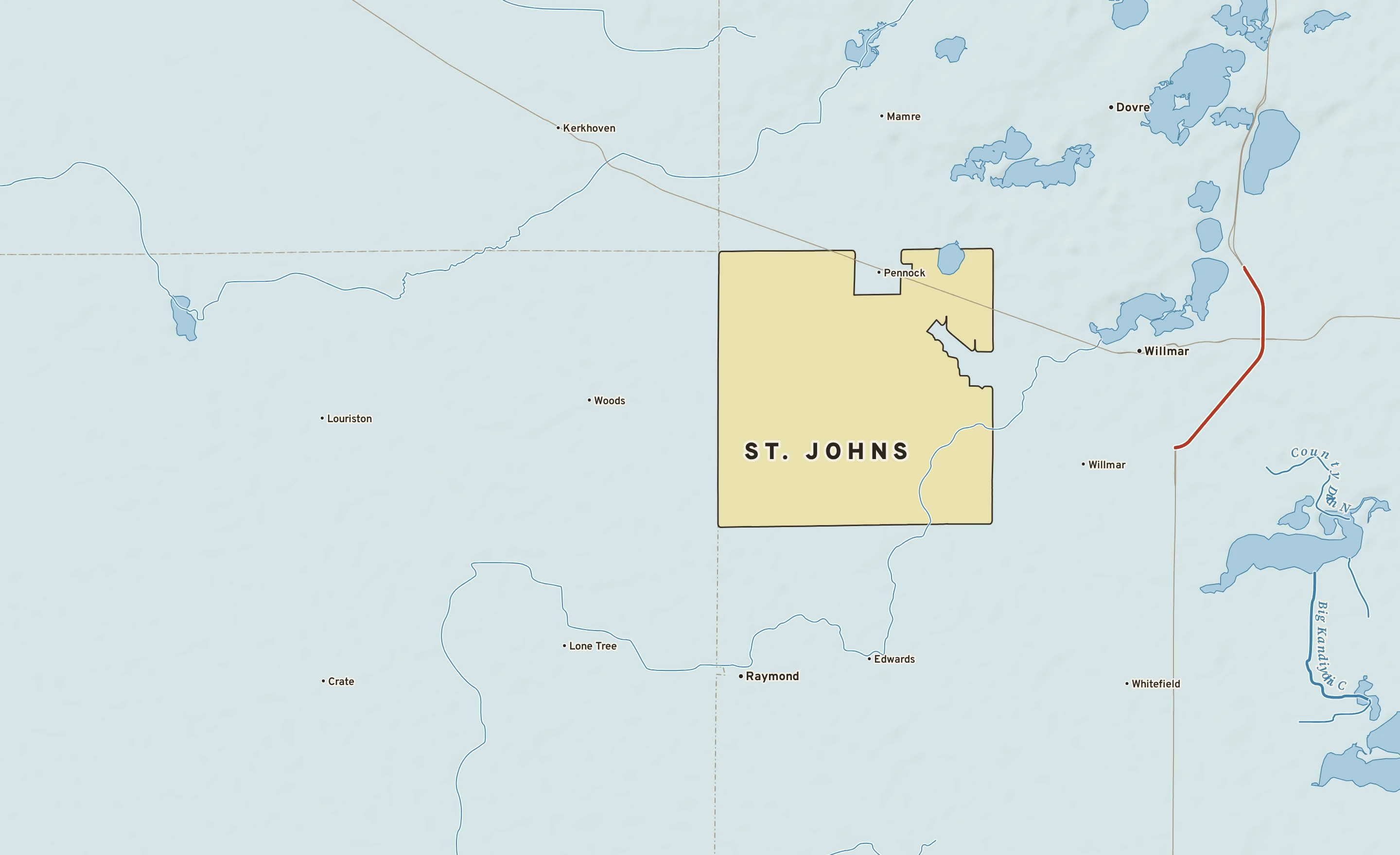 Shaded-relief atlas plate of St. Johns, Minnesota: rivers, roads, the city limits and where the water drains.