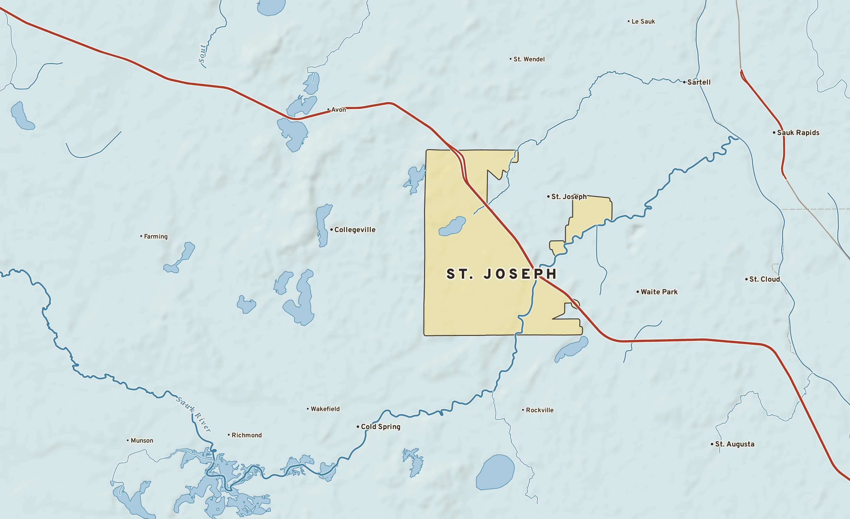 Shaded-relief atlas plate of St. Joseph, Minnesota: rivers, roads, the city limits and where the water drains.