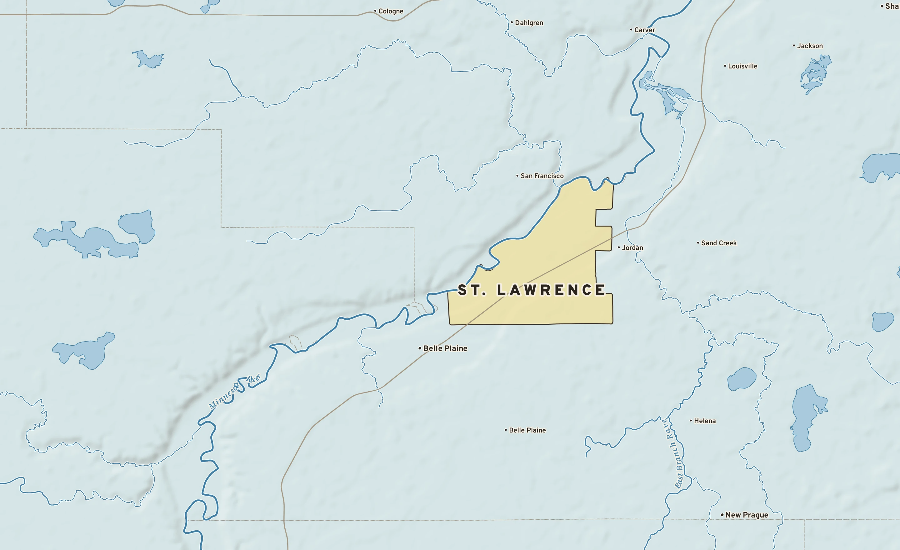 Shaded-relief atlas plate of St. Lawrence, Minnesota: rivers, roads, the city limits and where the water drains.