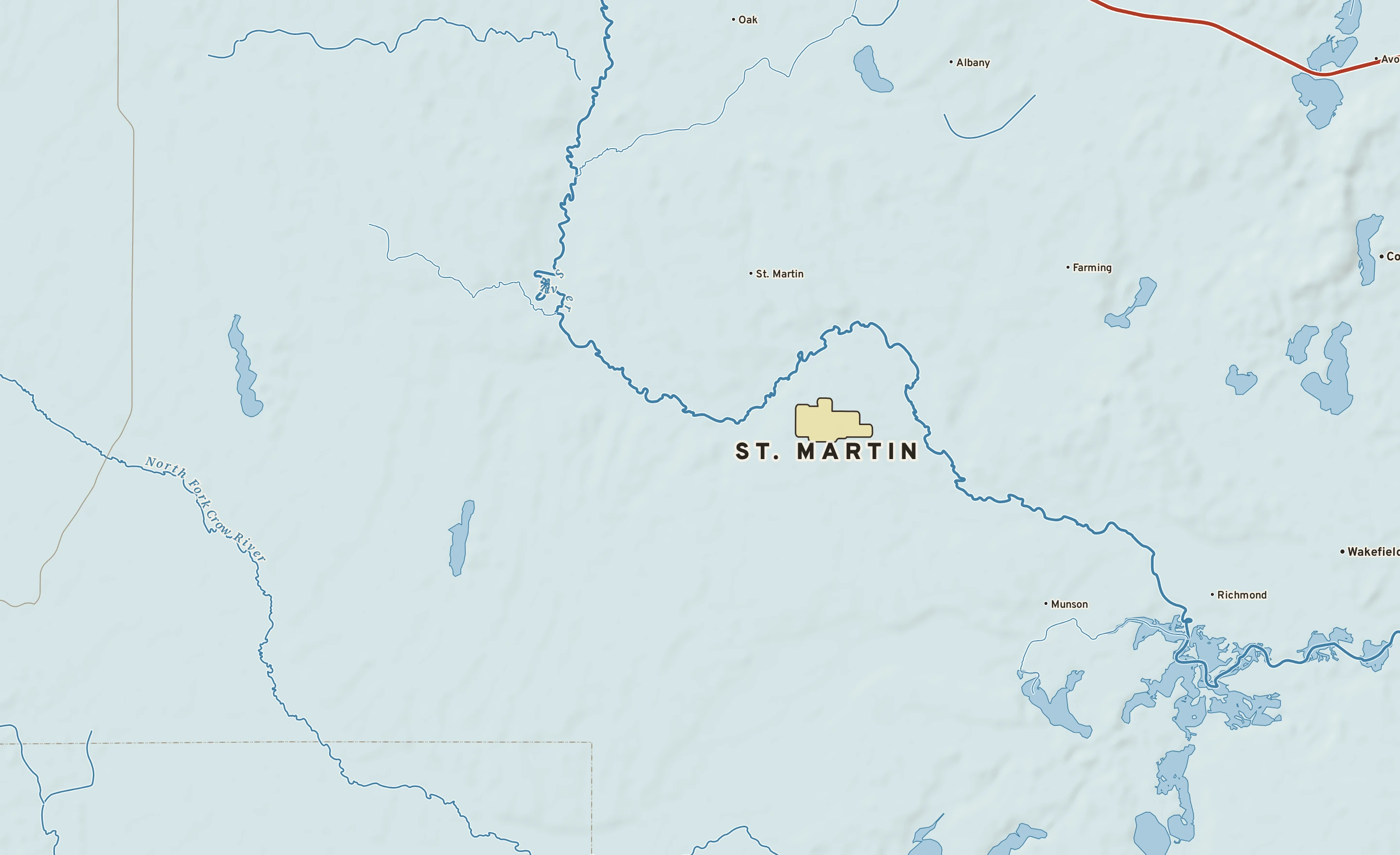 Shaded-relief atlas plate of St. Martin, Minnesota: rivers, roads, the city limits and where the water drains.