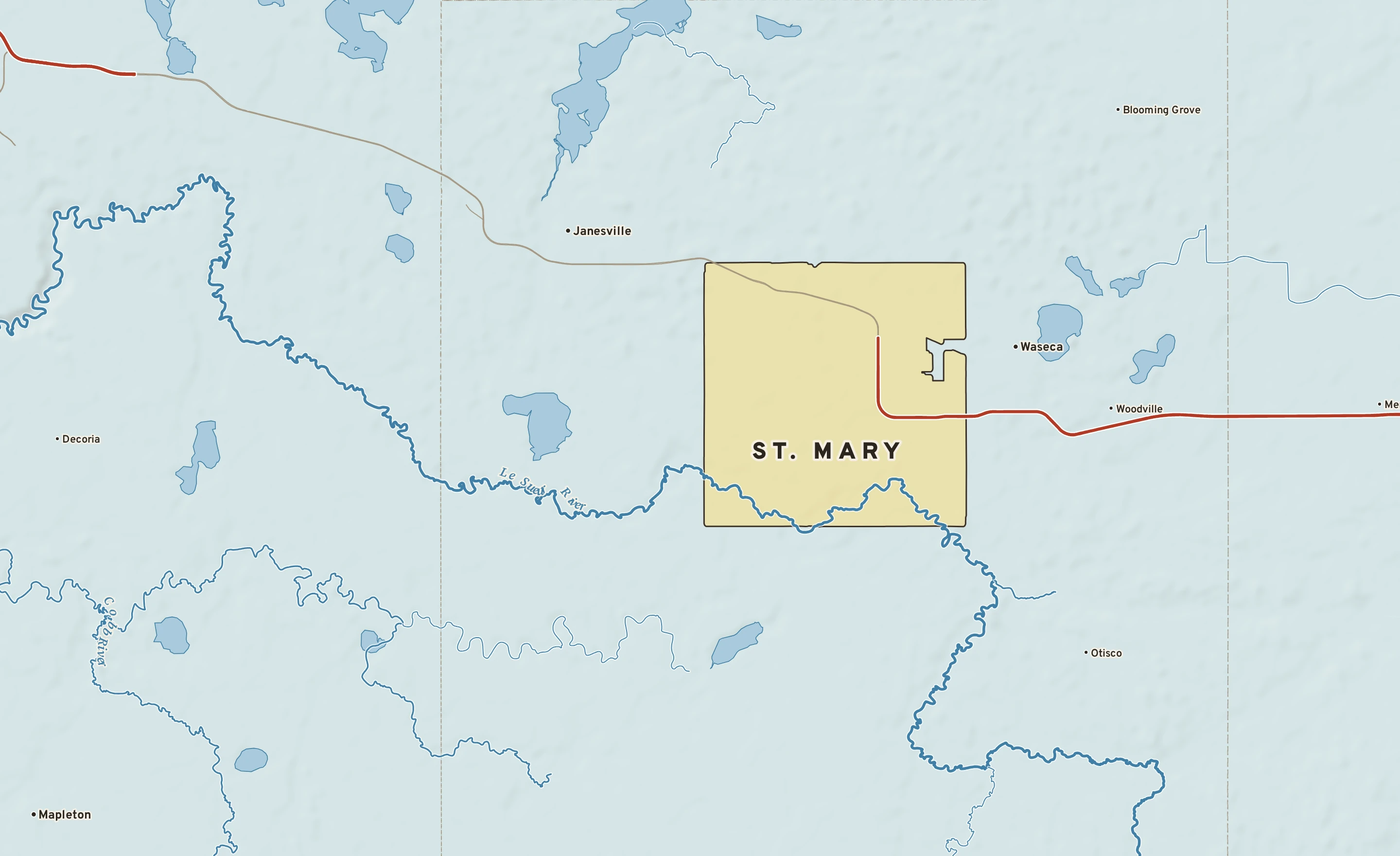 Shaded-relief atlas plate of St. Mary, Minnesota: rivers, roads, the city limits and where the water drains.