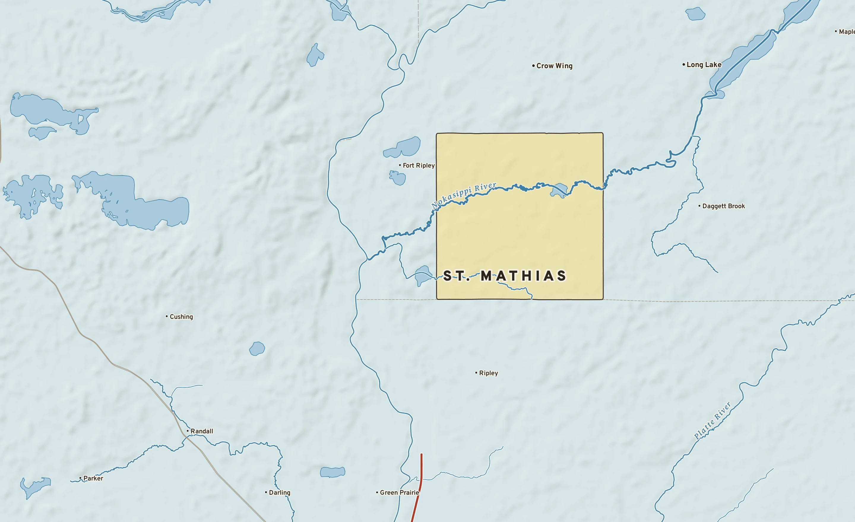 Shaded-relief atlas plate of St. Mathias, Minnesota: rivers, roads, the city limits and where the water drains.