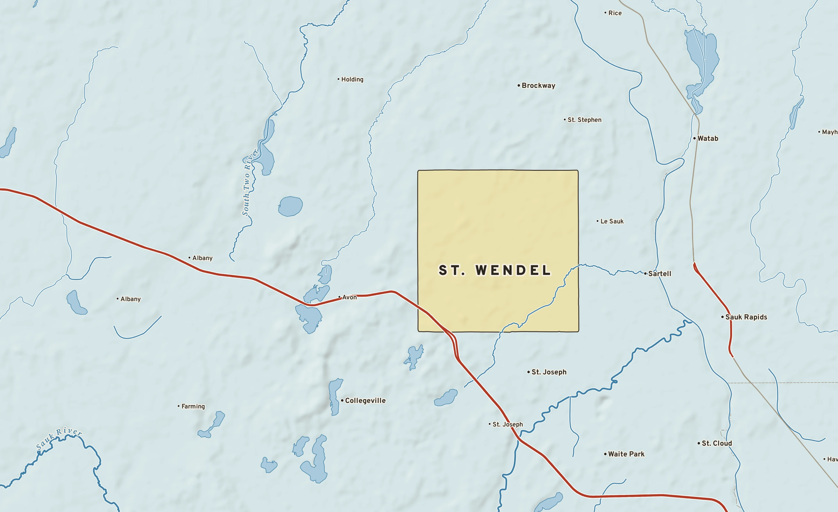 Shaded-relief atlas plate of St. Wendel, Minnesota: rivers, roads, the city limits and where the water drains.