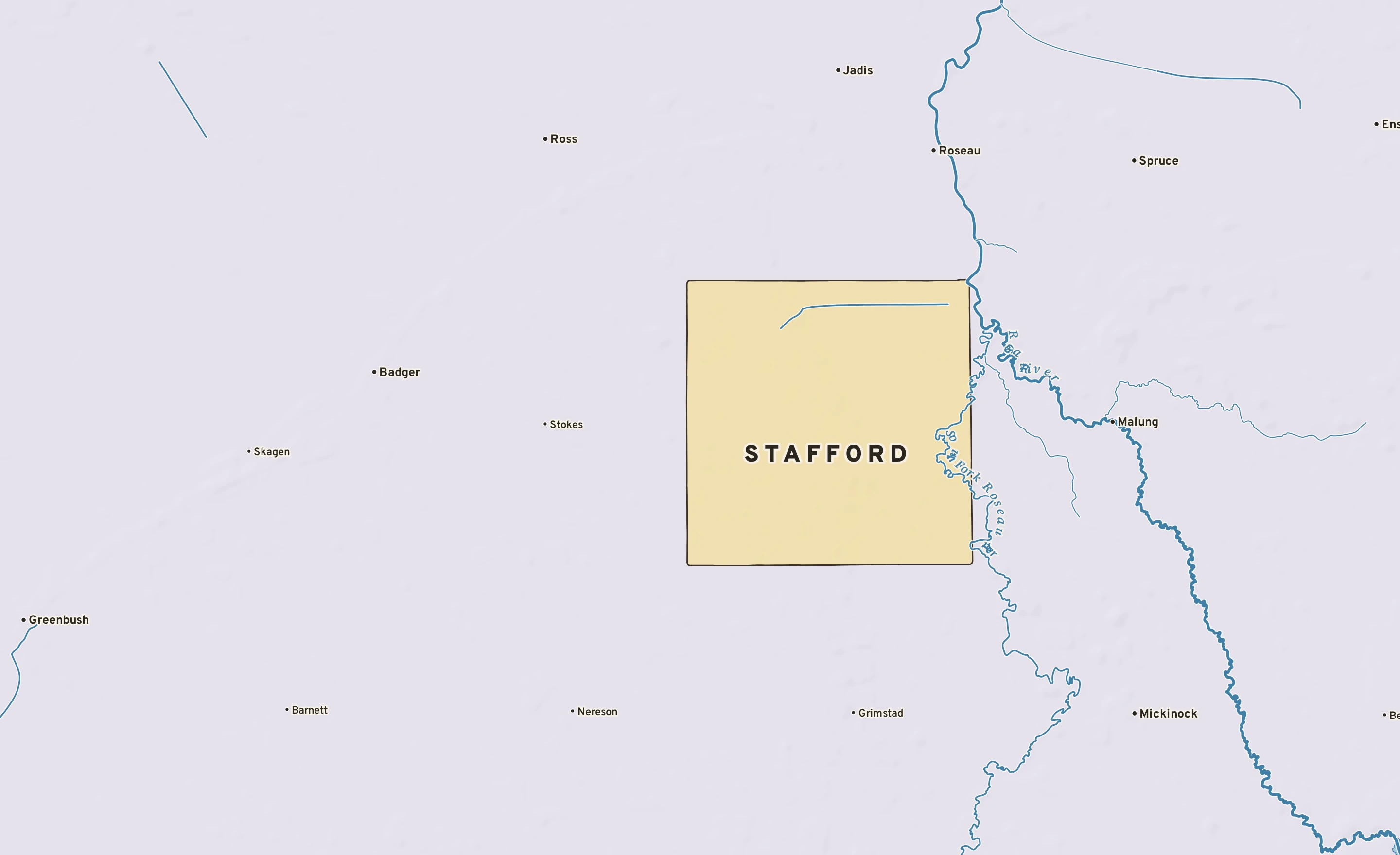 Shaded-relief atlas plate of Stafford, Minnesota: rivers, roads, the city limits and where the water drains.
