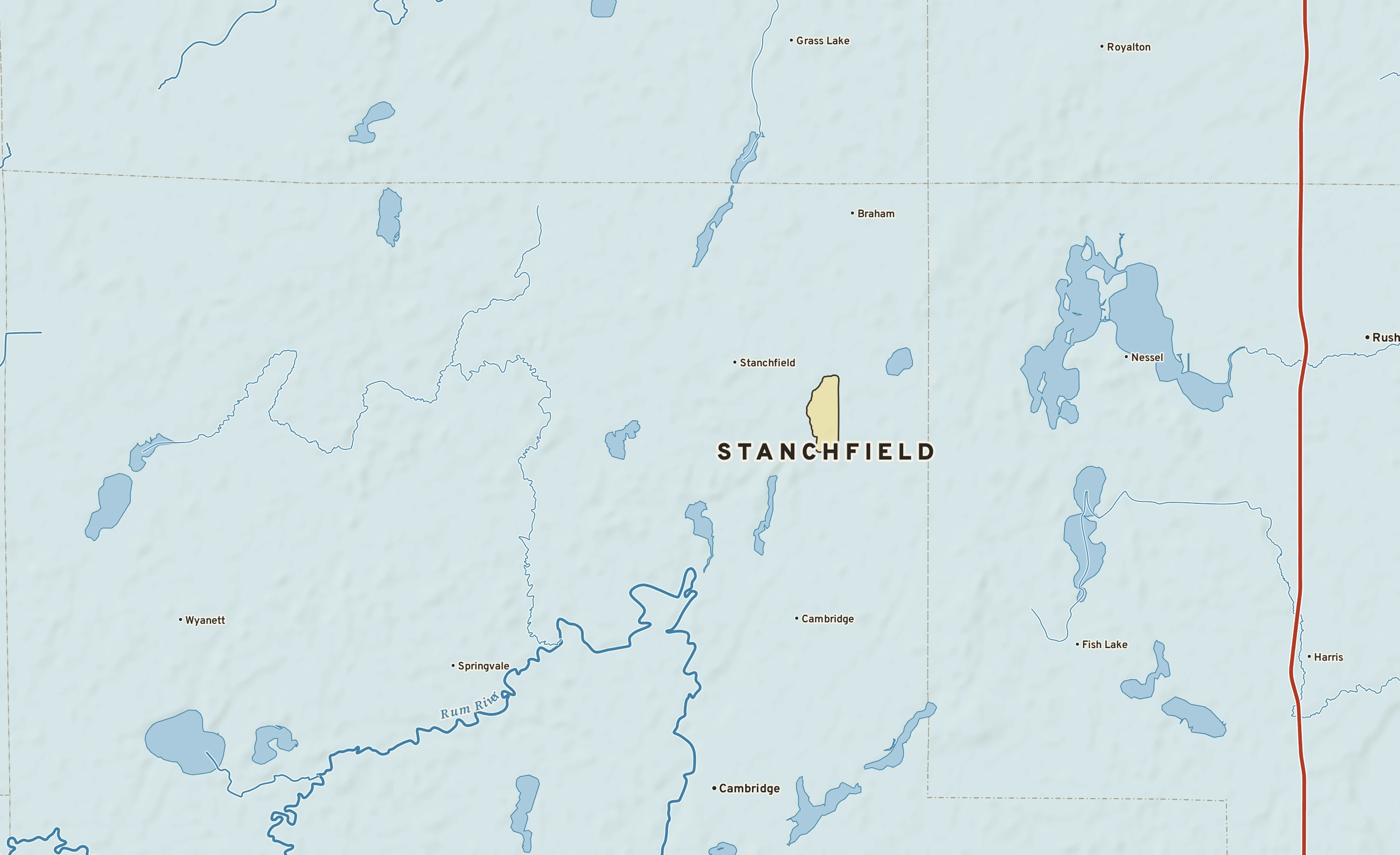 Shaded-relief atlas plate of Stanchfield, Minnesota: rivers, roads, the city limits and where the water drains.