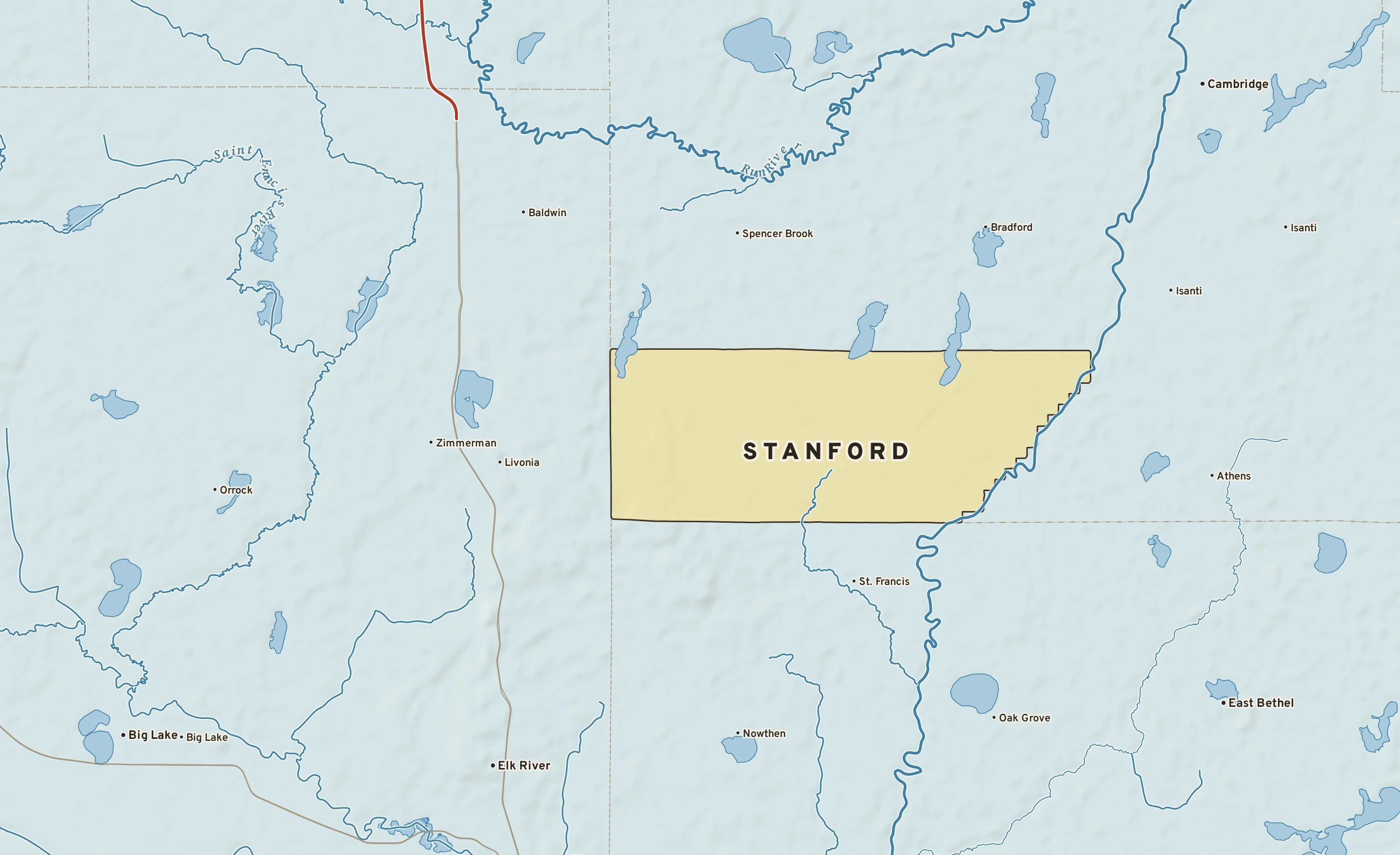 Shaded-relief atlas plate of Stanford, Minnesota: rivers, roads, the city limits and where the water drains.