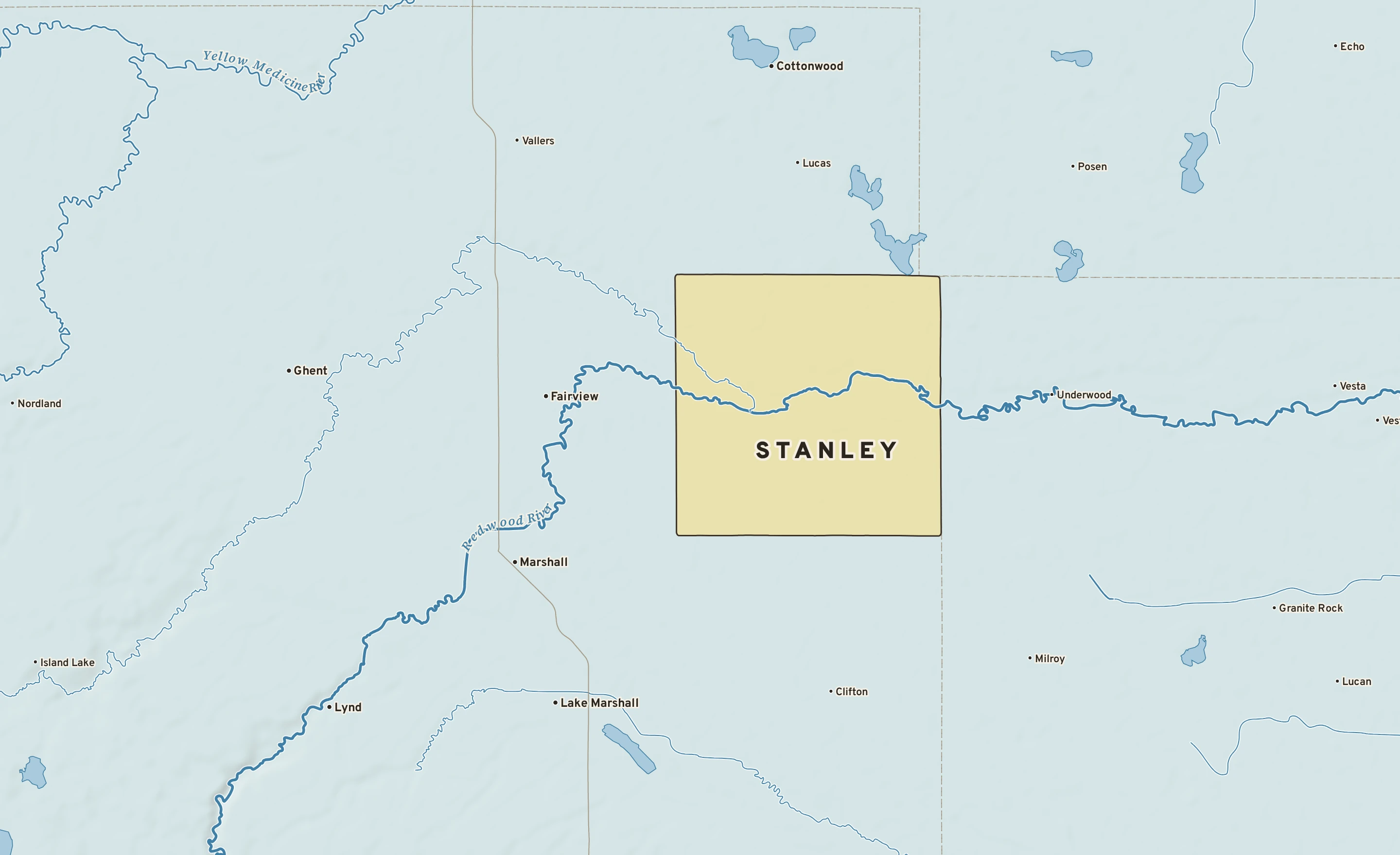 Shaded-relief atlas plate of Stanley, Minnesota: rivers, roads, the city limits and where the water drains.