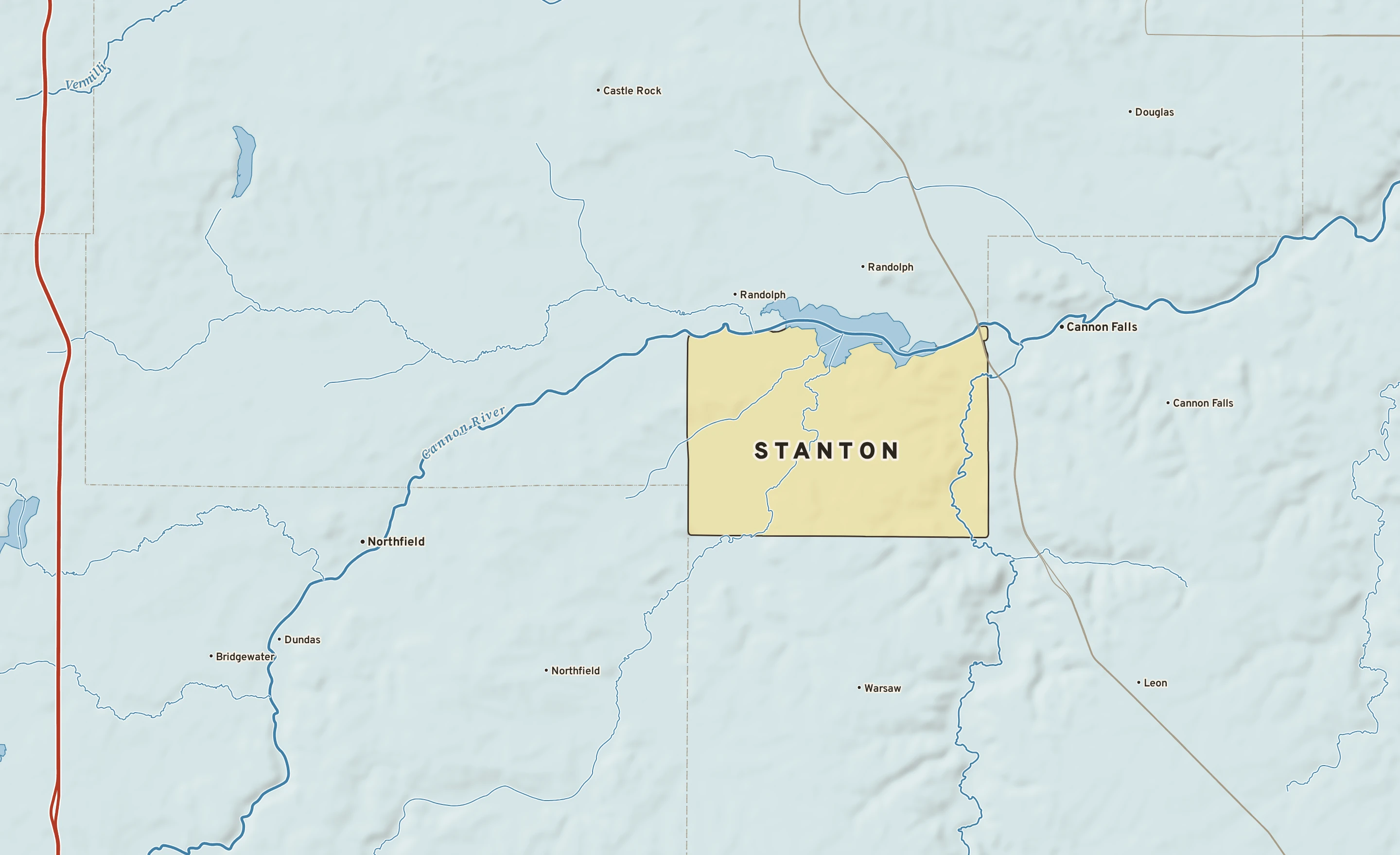 Shaded-relief atlas plate of Stanton, Minnesota: rivers, roads, the city limits and where the water drains.