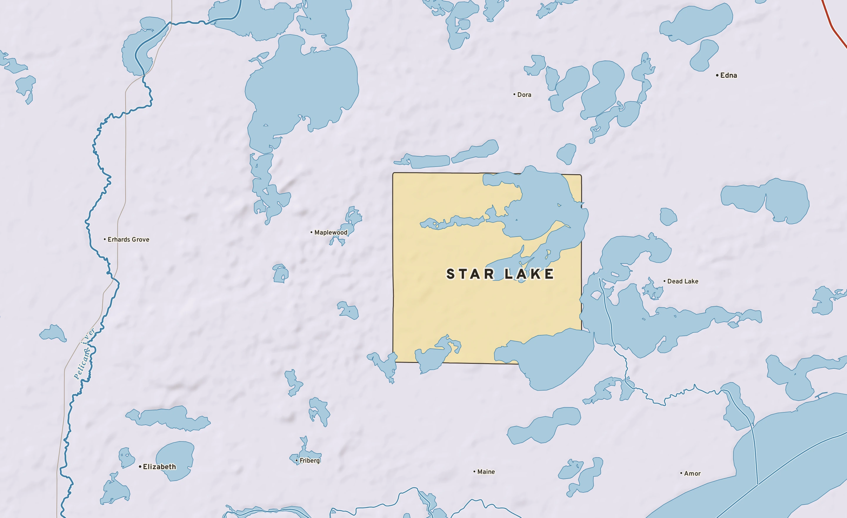 Shaded-relief atlas plate of Star Lake, Minnesota: rivers, roads, the city limits and where the water drains.