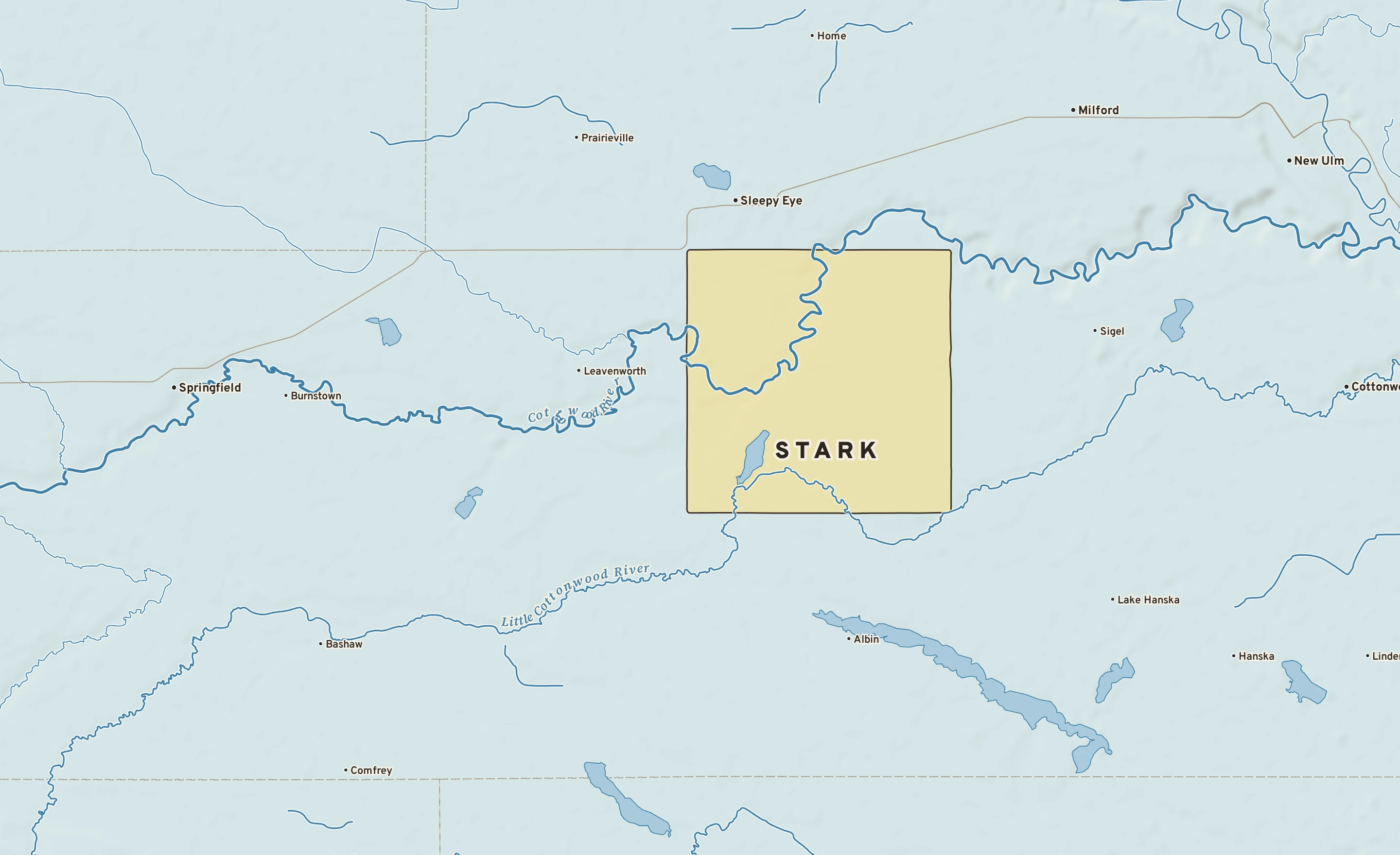 Shaded-relief atlas plate of Stark, Minnesota: rivers, roads, the city limits and where the water drains.