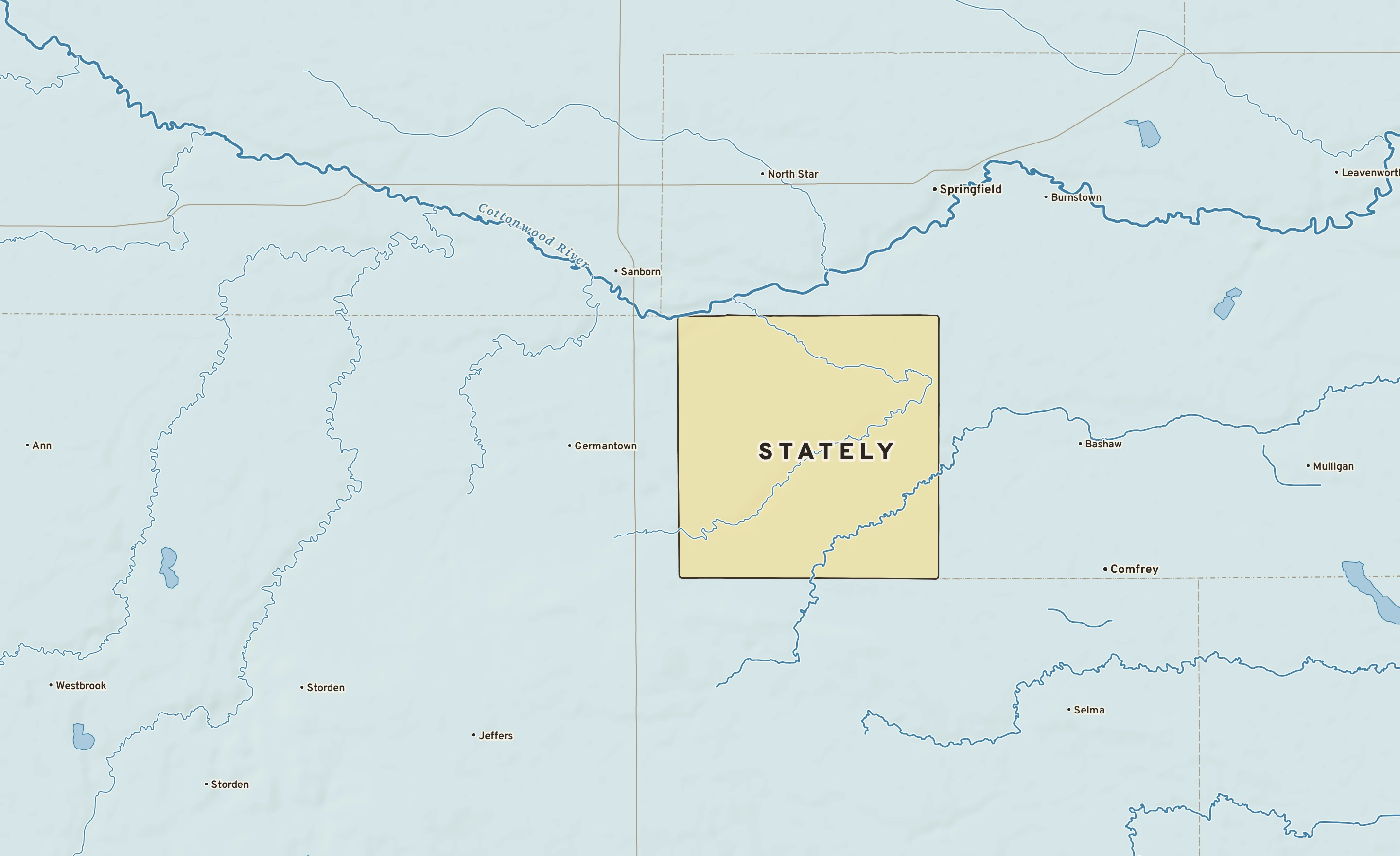 Shaded-relief atlas plate of Stately, Minnesota: rivers, roads, the city limits and where the water drains.