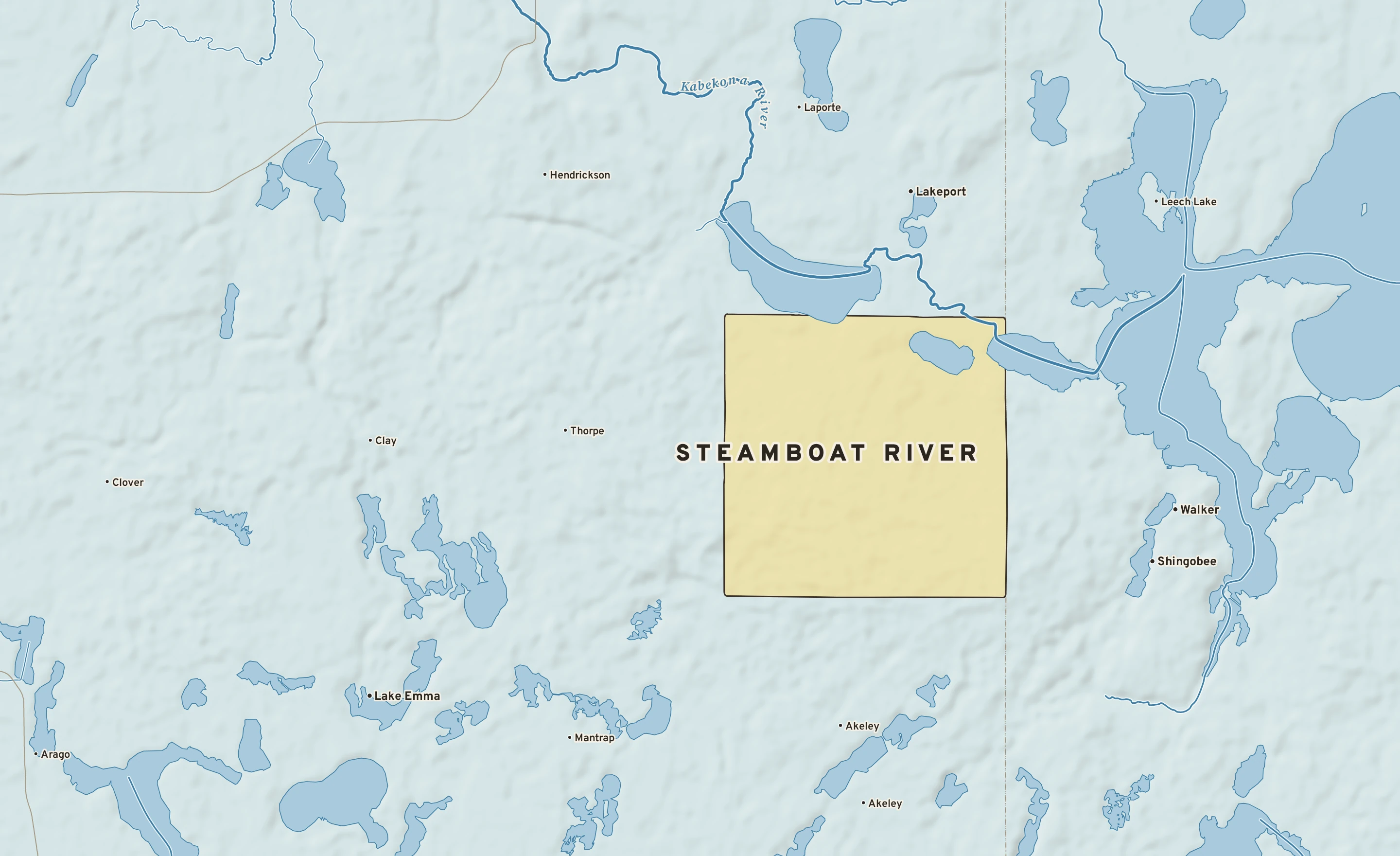 Shaded-relief atlas plate of Steamboat River, Minnesota: rivers, roads, the city limits and where the water drains.