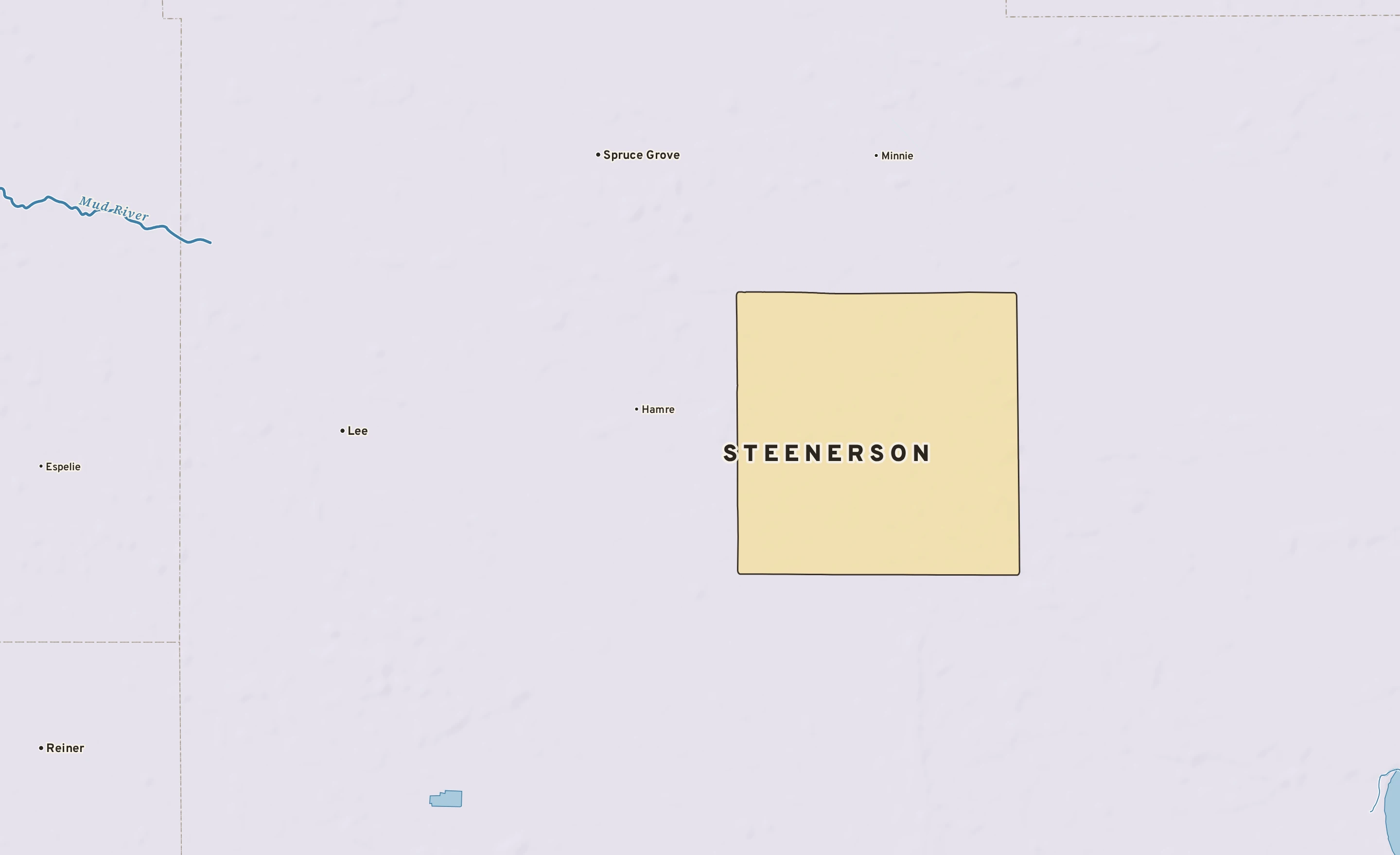 Shaded-relief atlas plate of Steenerson, Minnesota: rivers, roads, the city limits and where the water drains.