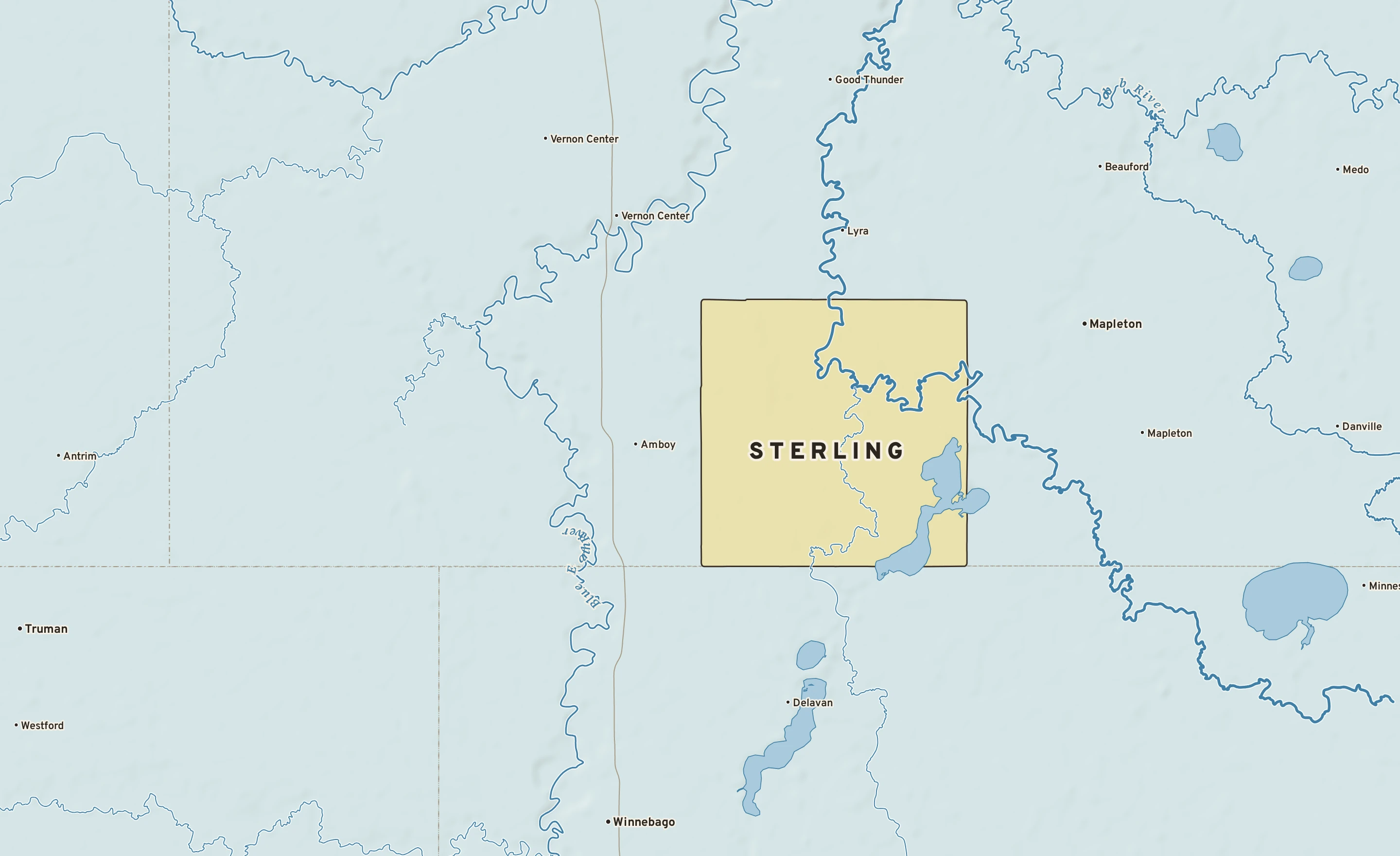 Shaded-relief atlas plate of Sterling, Minnesota: rivers, roads, the city limits and where the water drains.