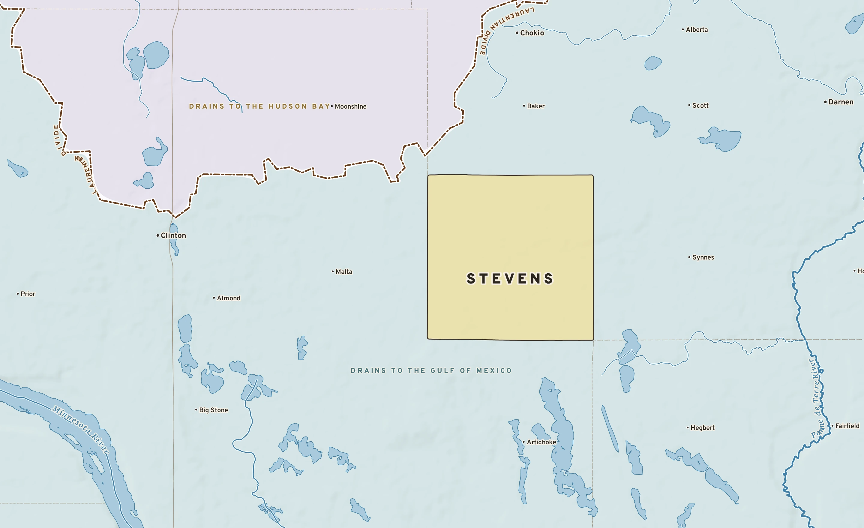 Shaded-relief atlas plate of Stevens, Minnesota: rivers, roads, the city limits and where the water drains.
