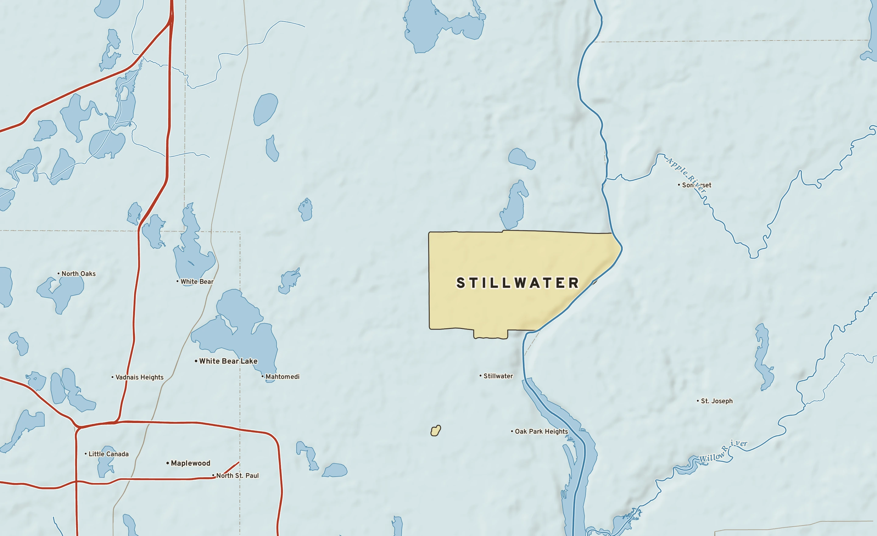Shaded-relief atlas plate of Stillwater, Minnesota: rivers, roads, the city limits and where the water drains.