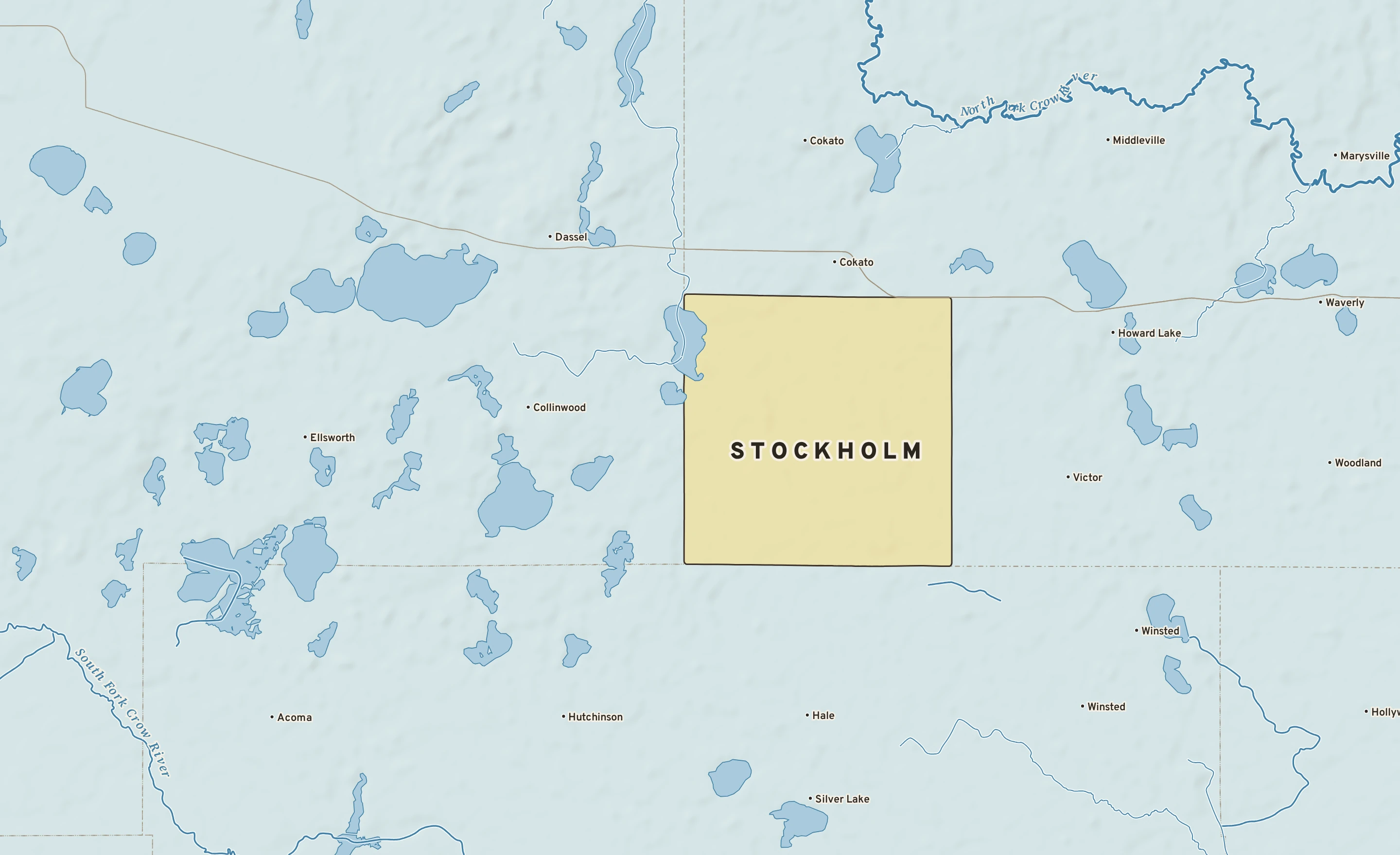 Shaded-relief atlas plate of Stockholm, Minnesota: rivers, roads, the city limits and where the water drains.