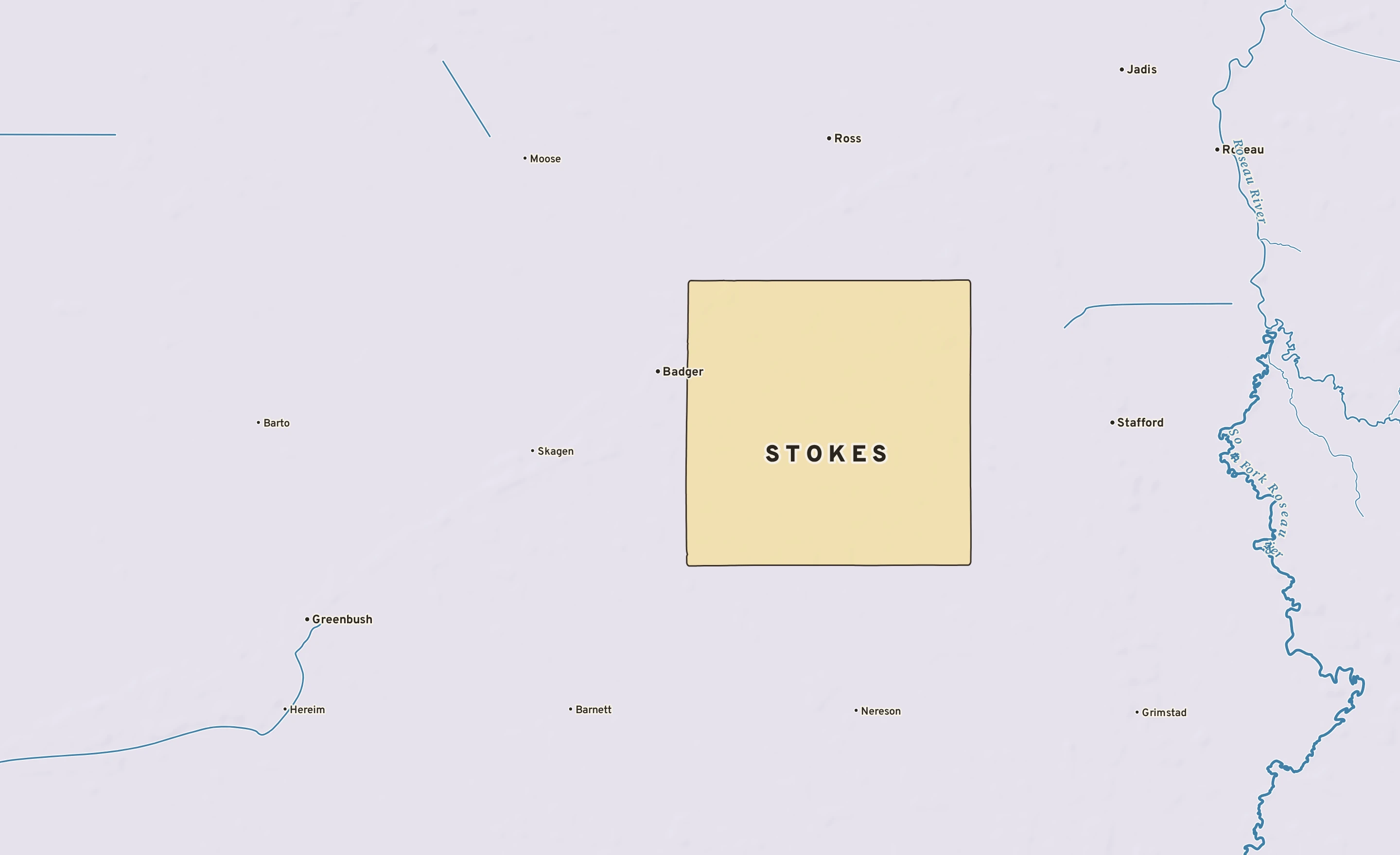 Shaded-relief atlas plate of Stokes, Minnesota: rivers, roads, the city limits and where the water drains.
