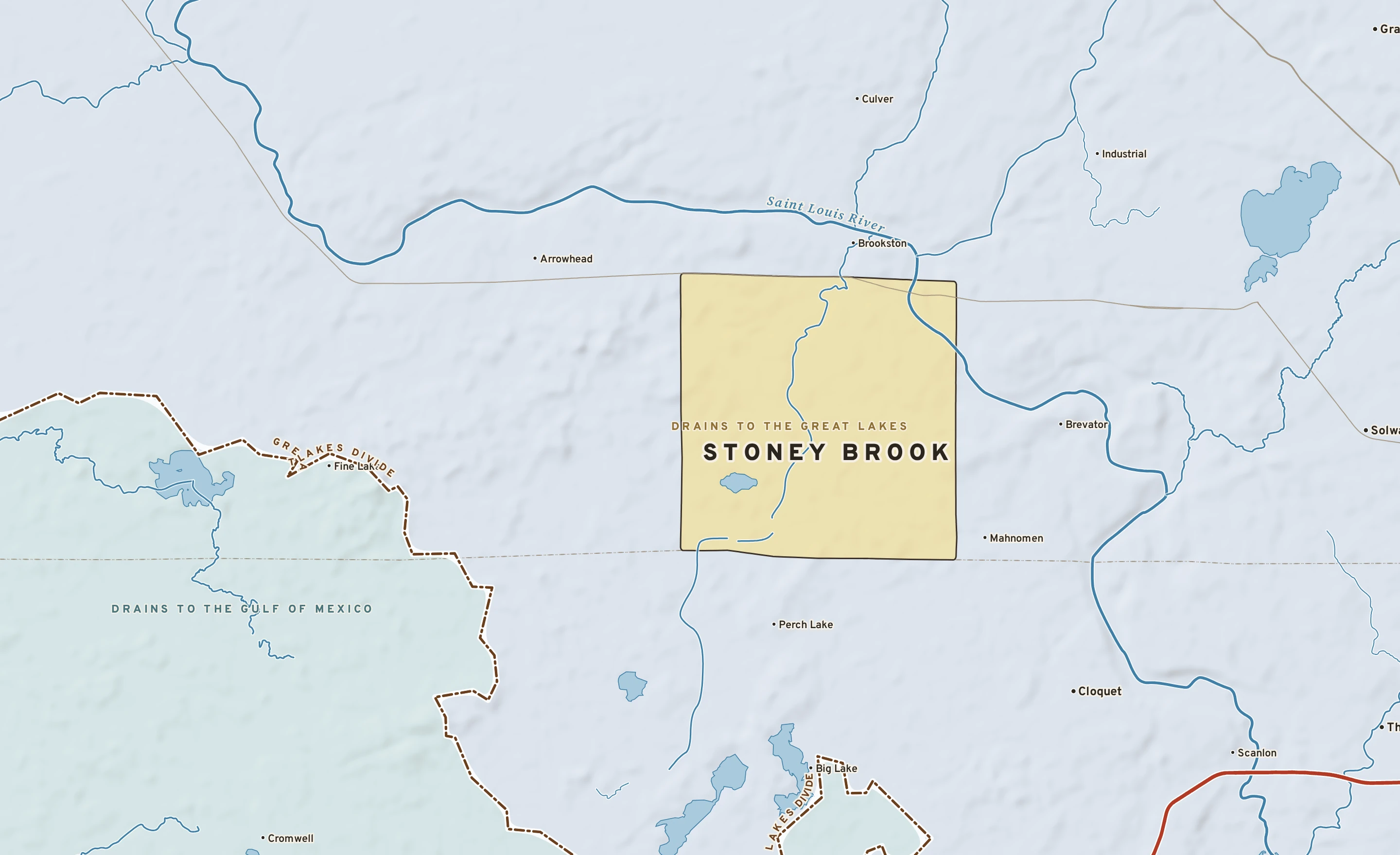 Shaded-relief atlas plate of Stoney Brook, Minnesota: rivers, roads, the city limits and where the water drains.